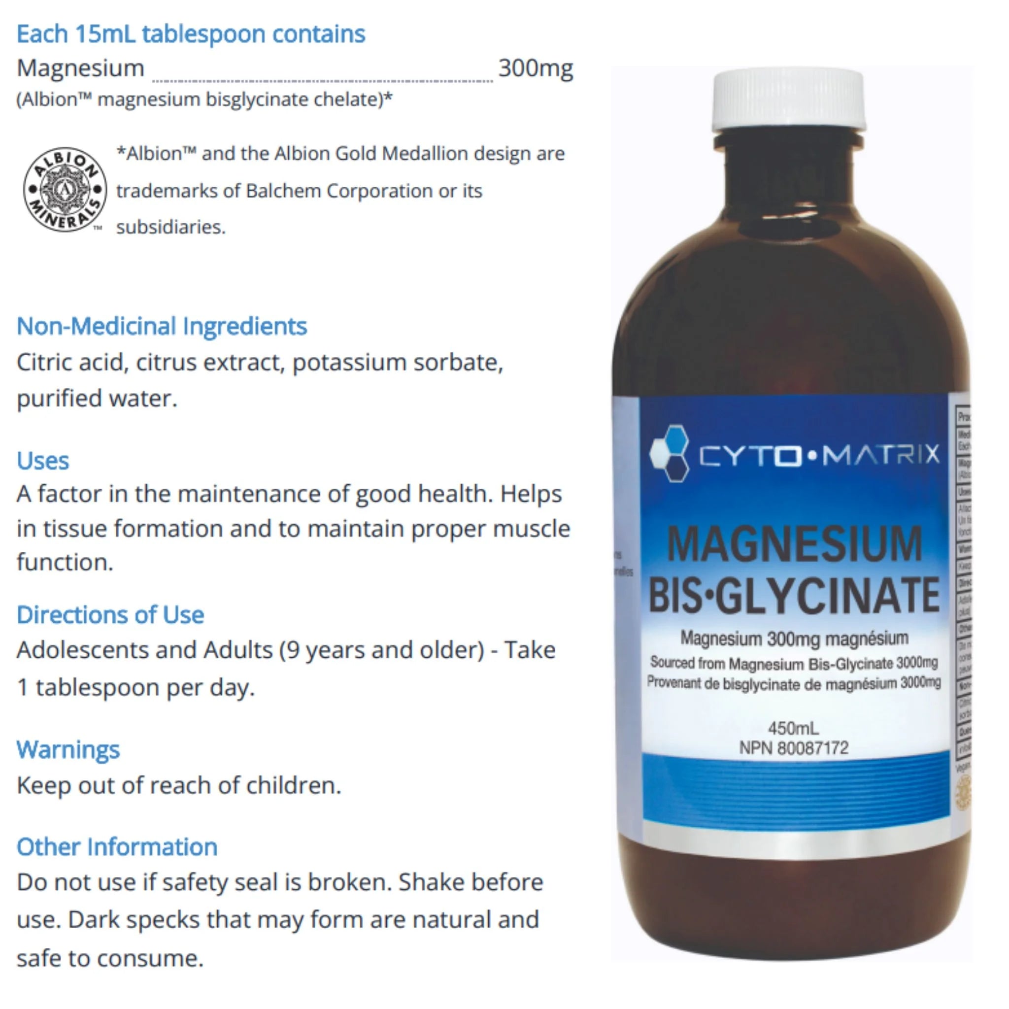 Cyto-Matrix Magnesium Bis·Glycinate - 300mg Full Chelate Liquid 450ml
