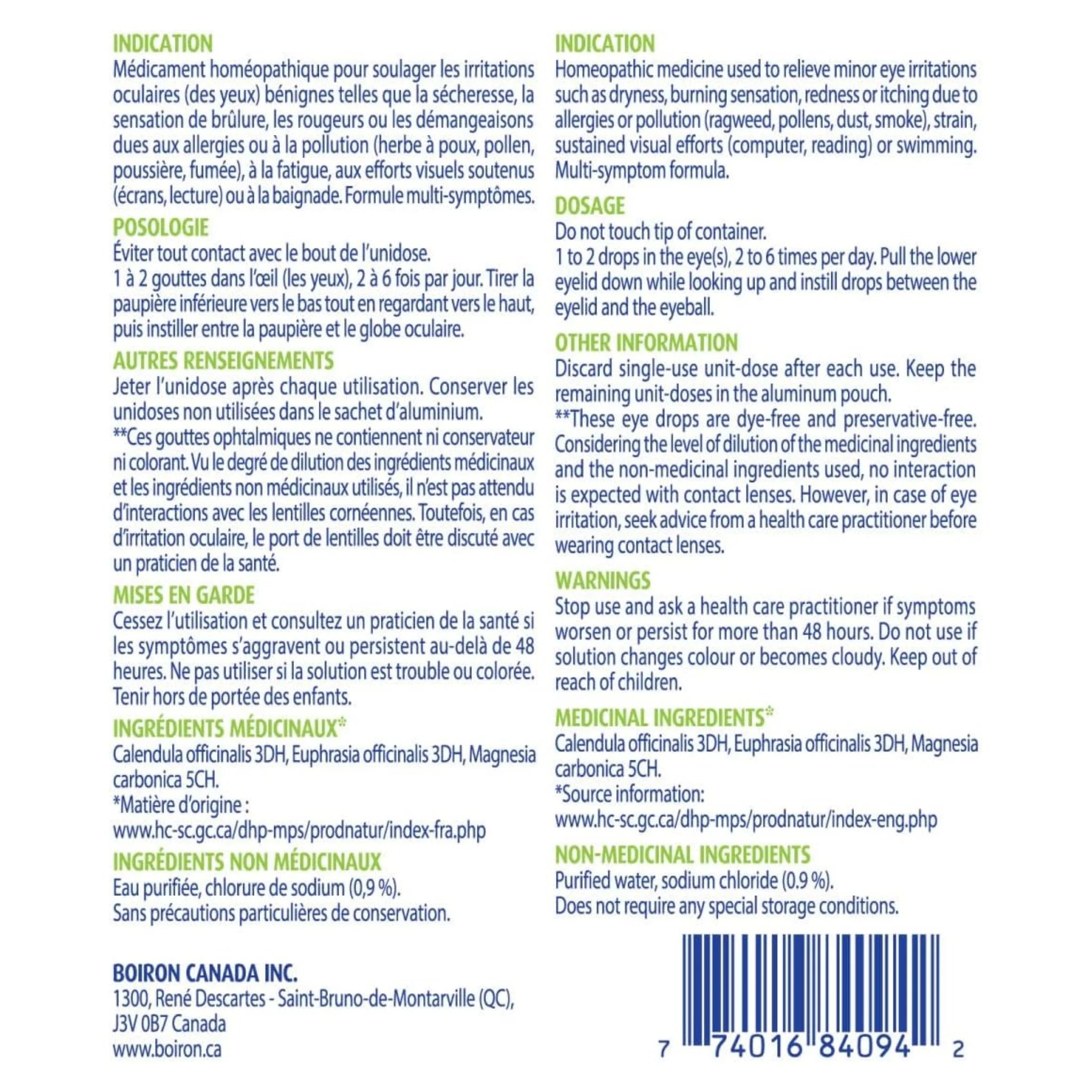 Boiron Optique 1 Irritation Relief Eye Drops, 30 Doses (0.4ml) - Nature's Source Inc