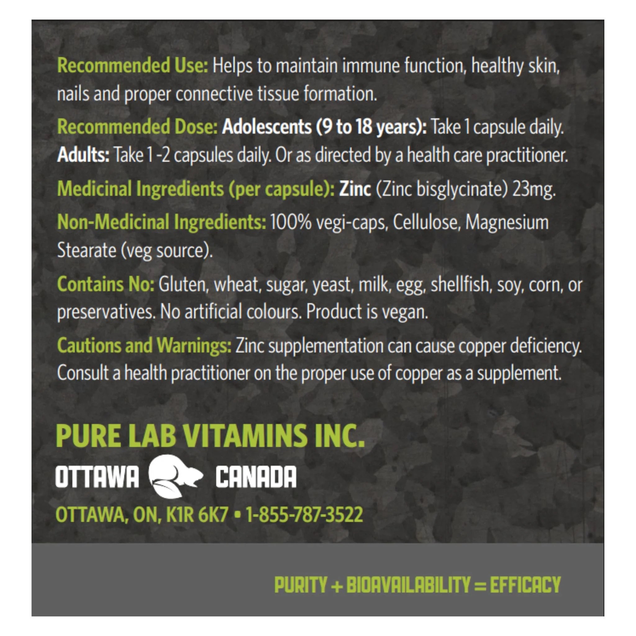 Pure Lab Vitamins Zinc Glycinate 23mg 60 Vegan Capsules