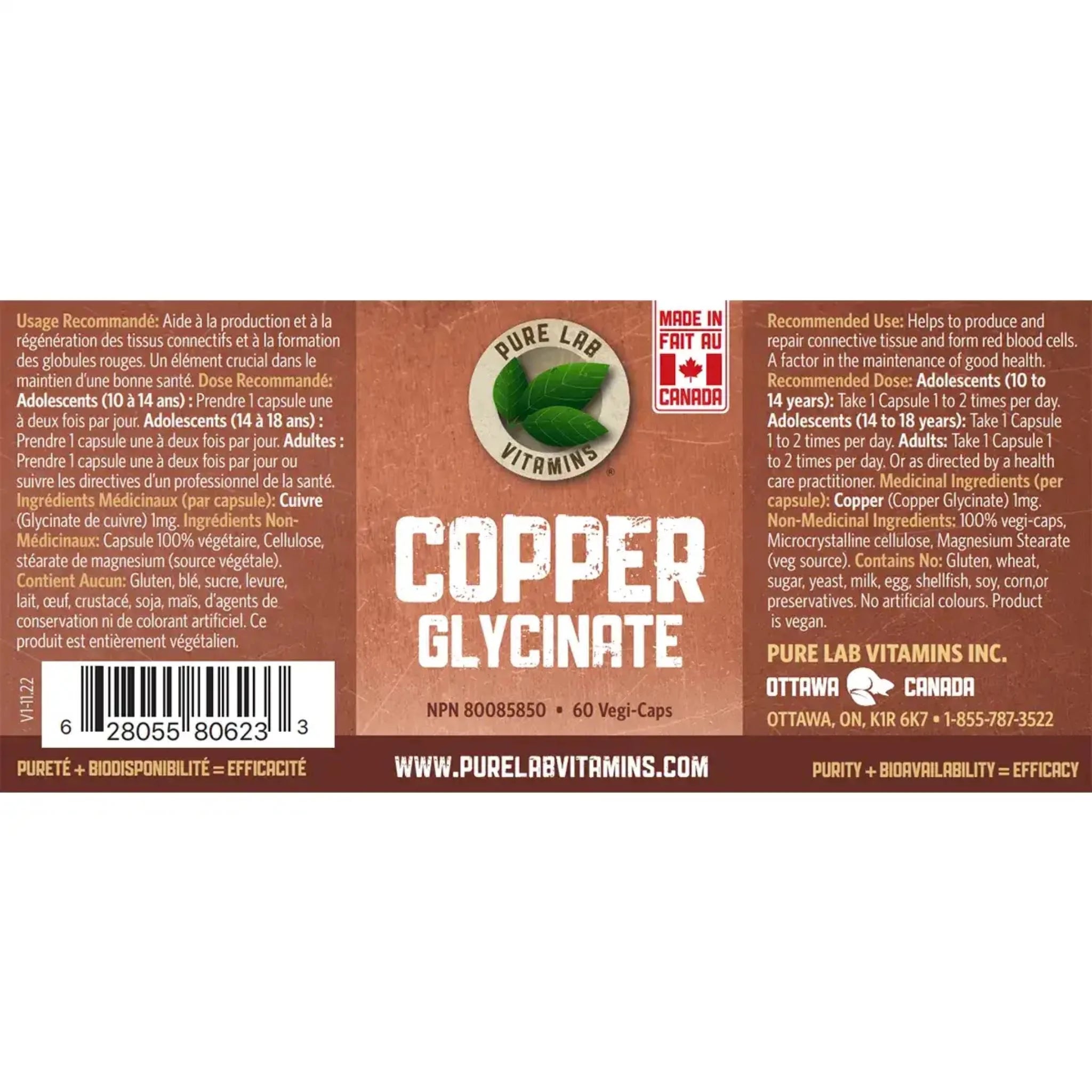 Pure Lab Vitamins Copper Glycinate 1mg 60 Vegan Capsules