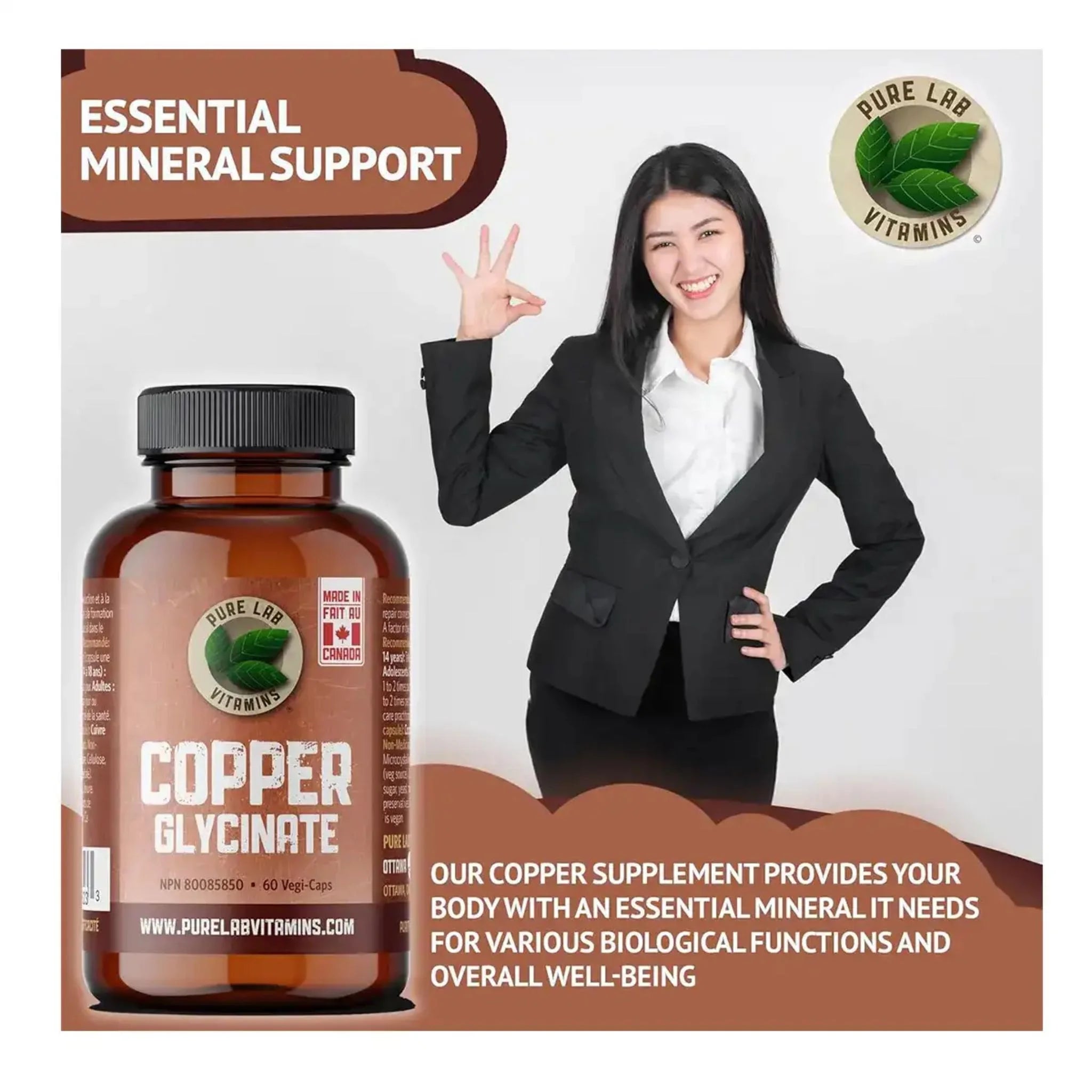 Pure Lab Vitamins Copper Glycinate 1mg 60 Vegan Capsules