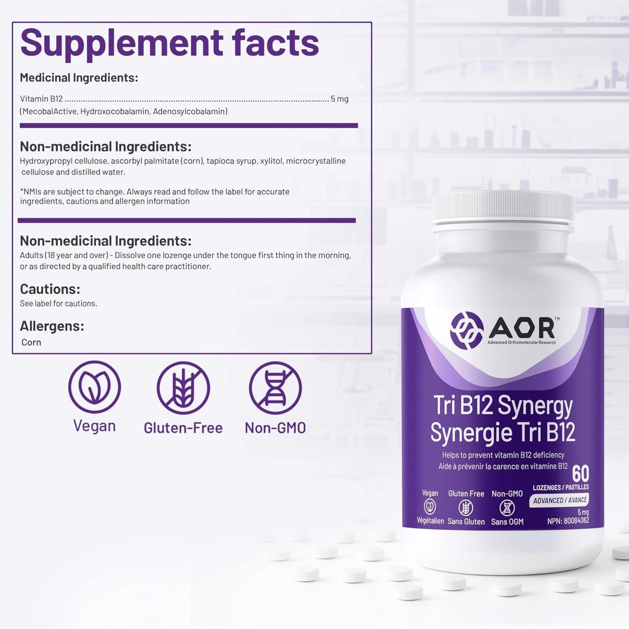 AOR Pro TRI-B12 Synergy 60 Lozenges