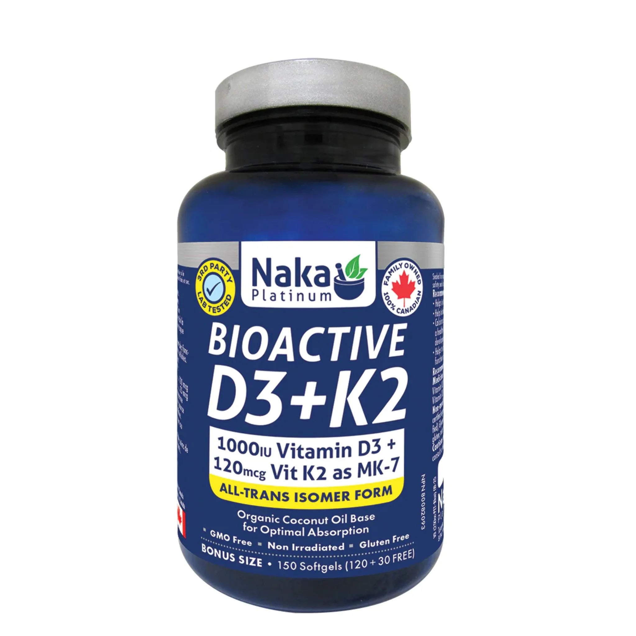 Naka Platinum D3+K2, 150 Softgels - Nature's Source Inc