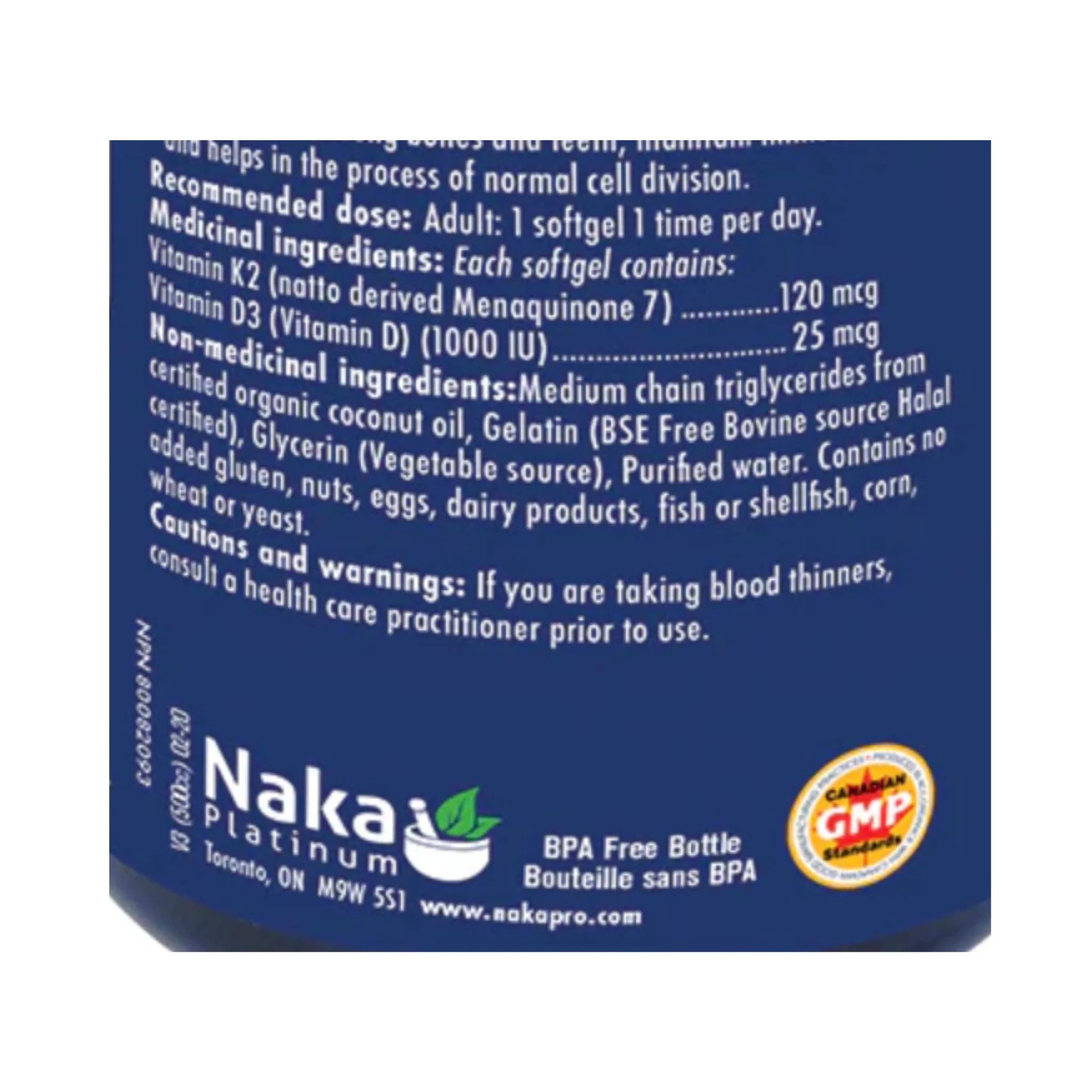 Naka Platinum D3+K2, 150 Softgels - Nature's Source Inc