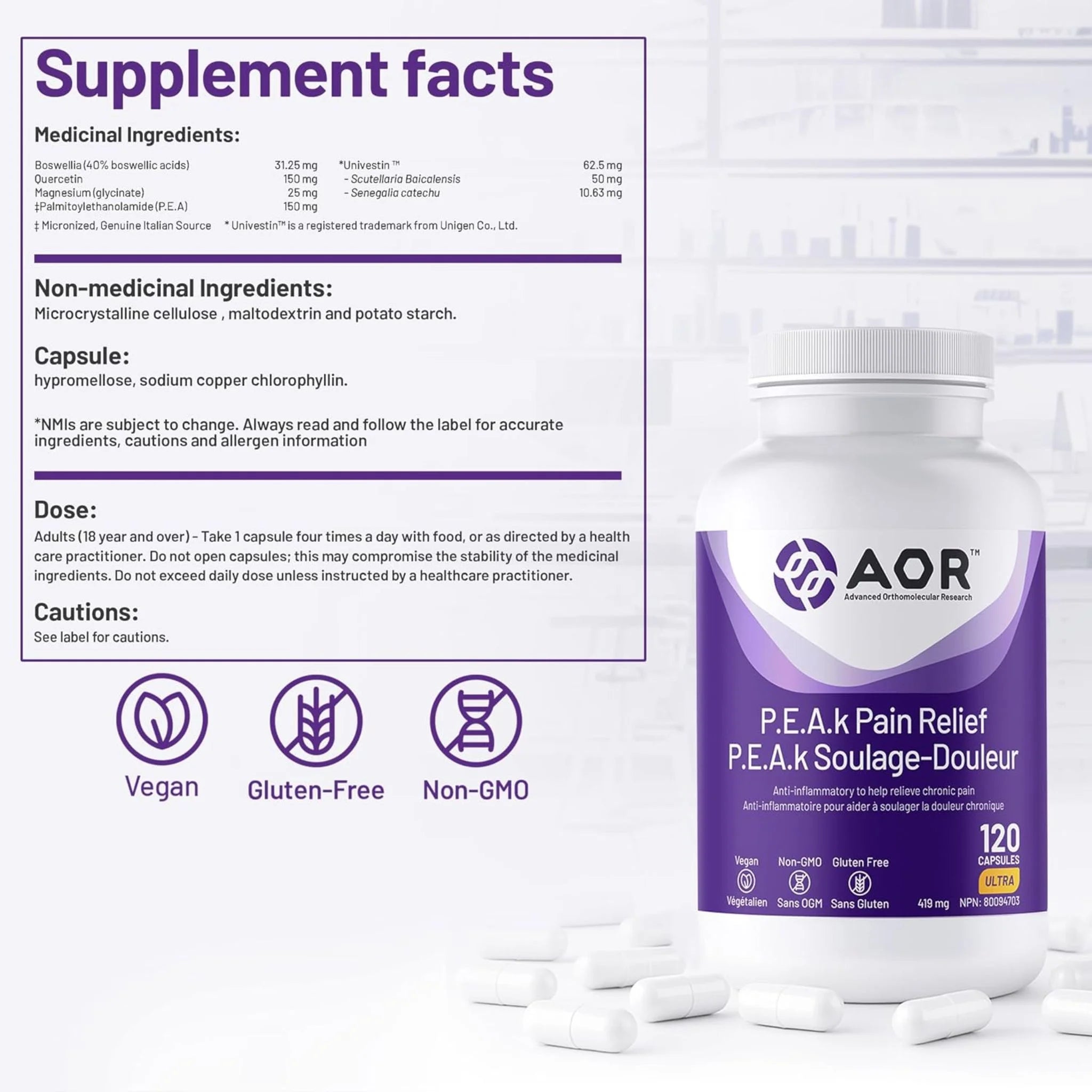 AOR P.E.A.k Pain-Relief 419mg 120 Capsules