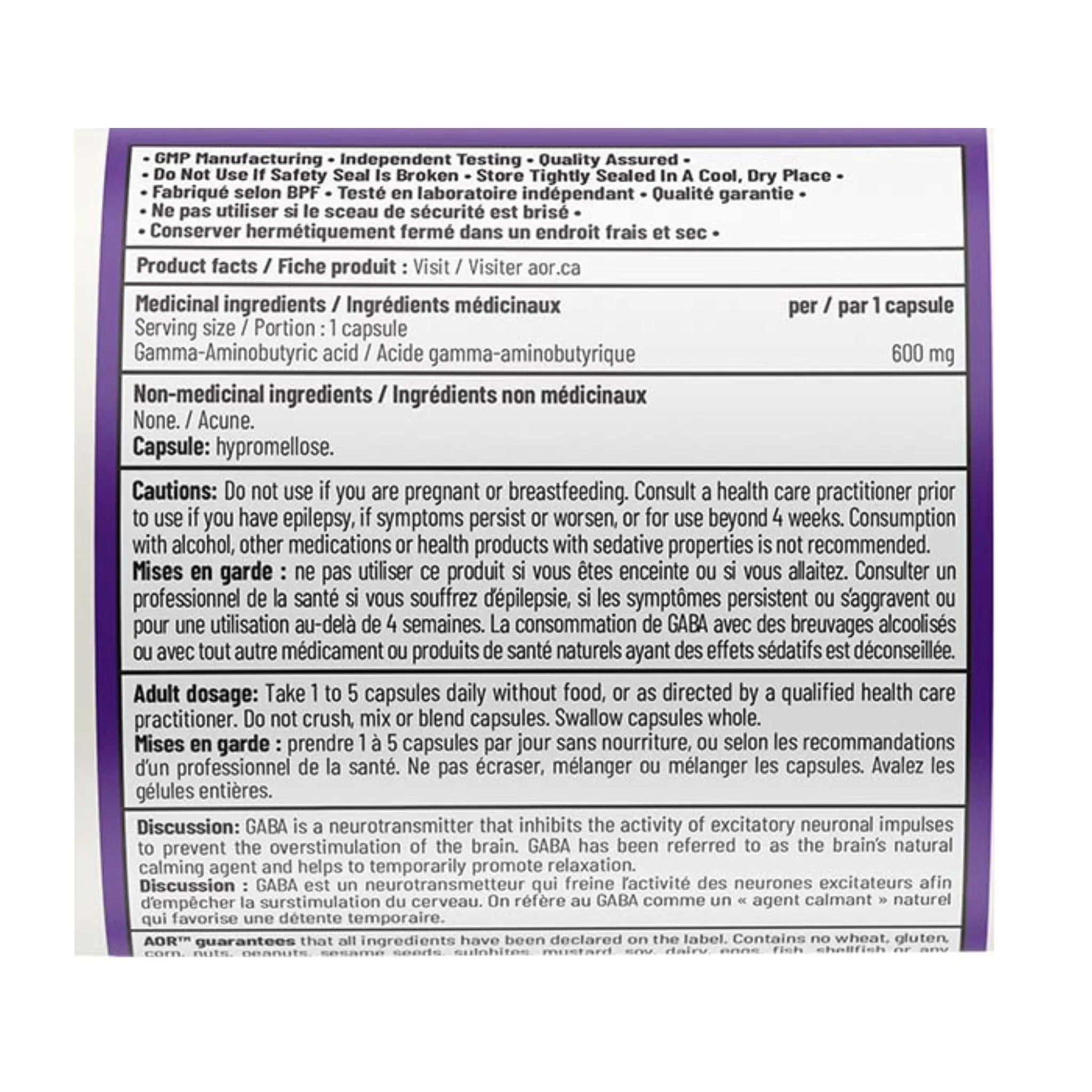 AOR GABA (Stress & Anxiety) 120 Vegan Capsules - Nature's Source Inc