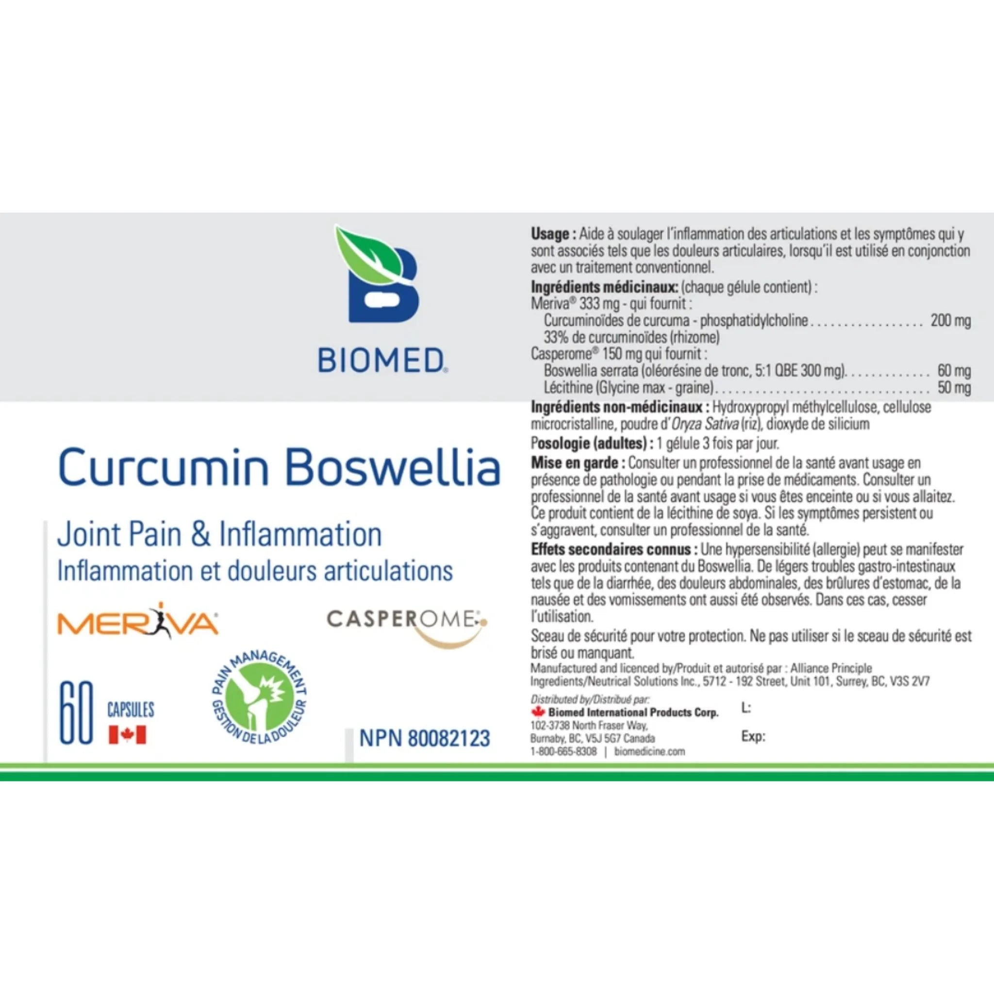 Biomed Curcumin Boswellia 60 Capsules - Relieve Joint Pain and Inflammation, Reduces Acute, Chronic Pain, Arthritis and Tendonitis - Nature's Source Inc