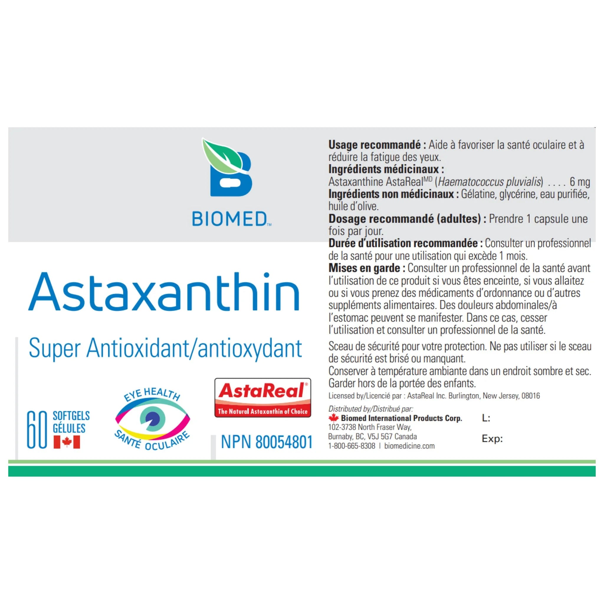 Biomed Astaxanthin 60 Softgels - Reduce Inflammation and Oxidative Stress, Improve Muscle Endurance, Eye Health, Eye Fatigue, Healthy Radiant Skin & Sharpen Vision - Nature's Source Inc