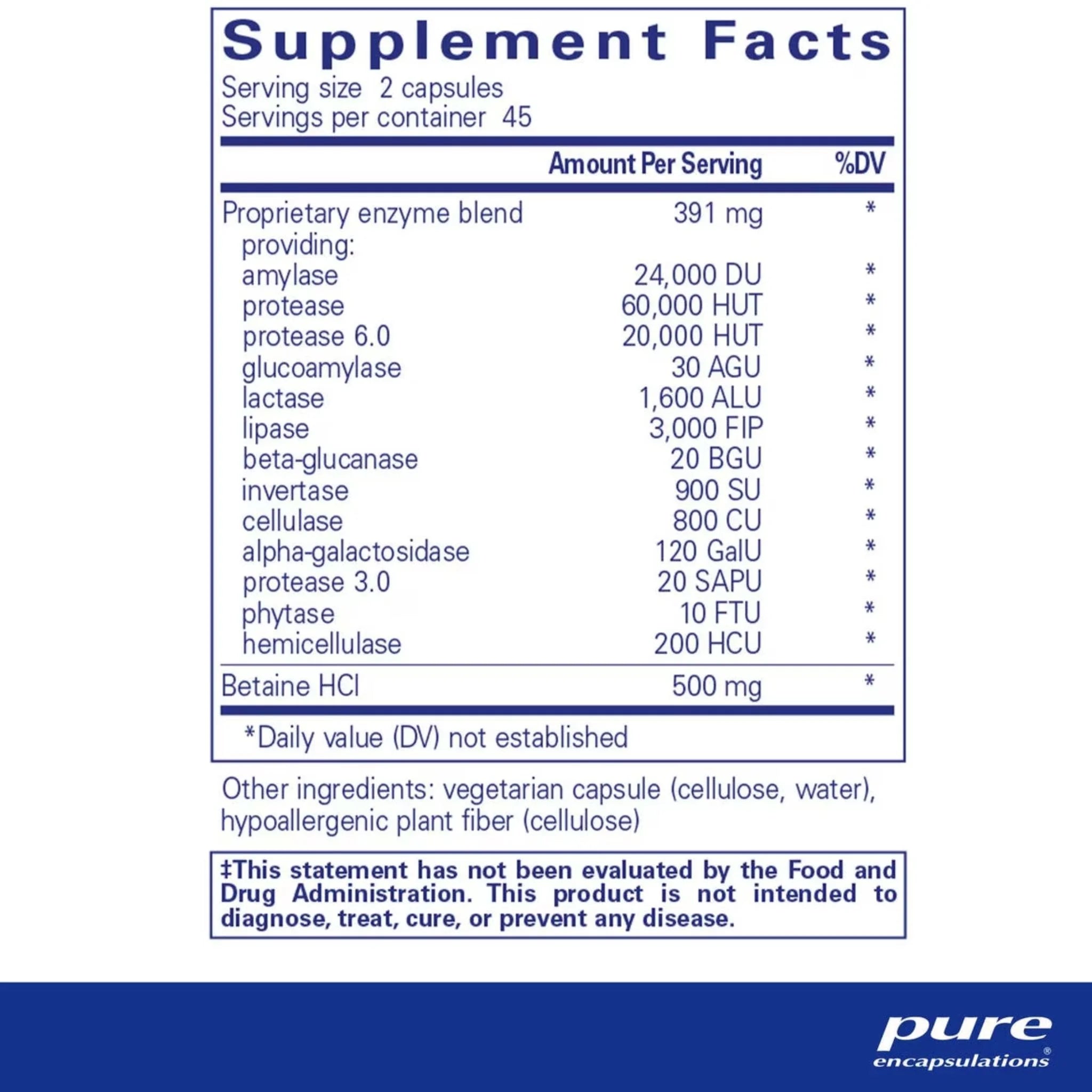 Pure Encapsulations Digestive Enzymes Ultra with Betaine 90 Capsules - Nature's Source Inc