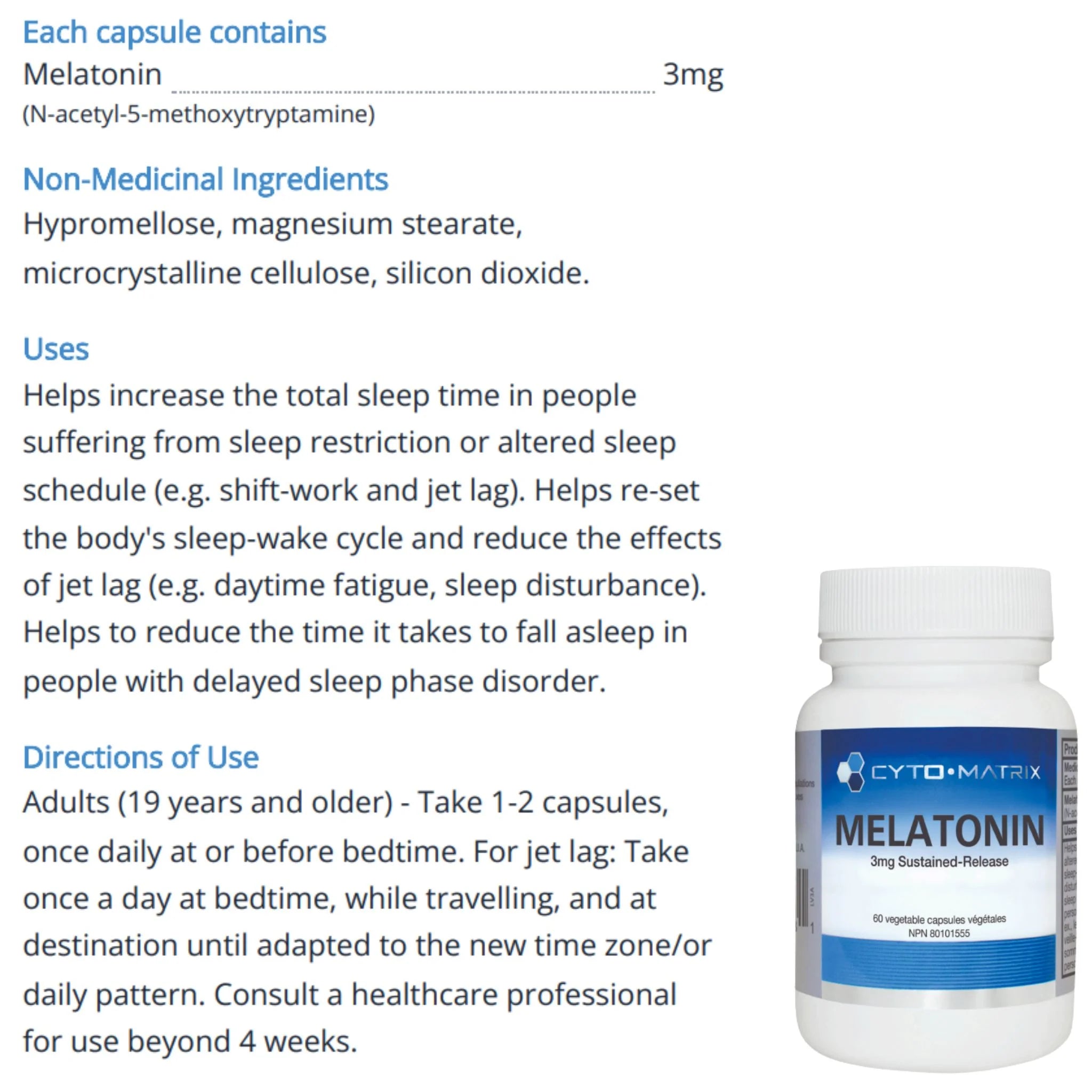 Cyto Matrix Melatonin 3mg Sustained Release 60 Vegetable Capsules