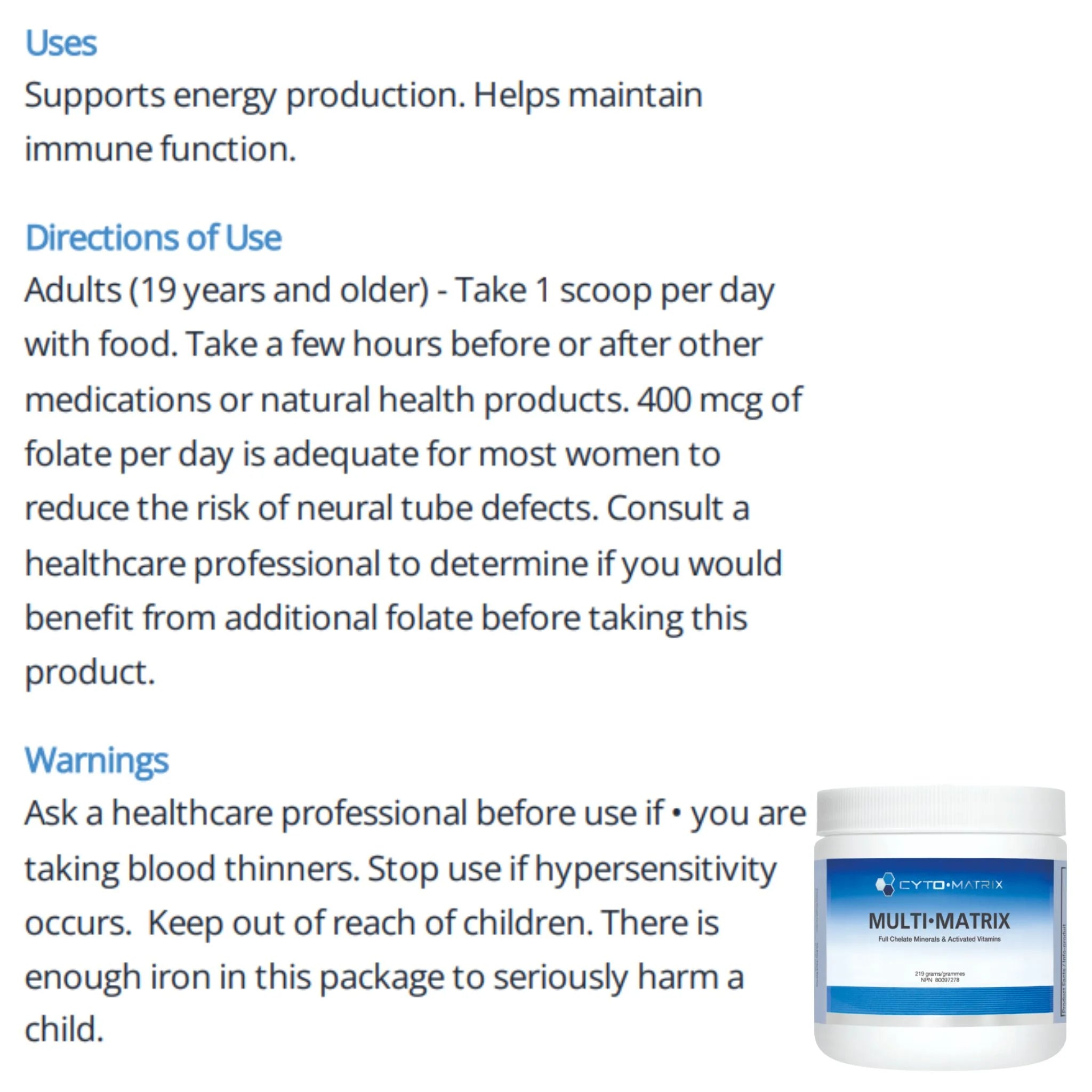 Cyto Matrix Multi-Matrix Full Chelate Minerals and Activated Vitamins, Blueberry 219g