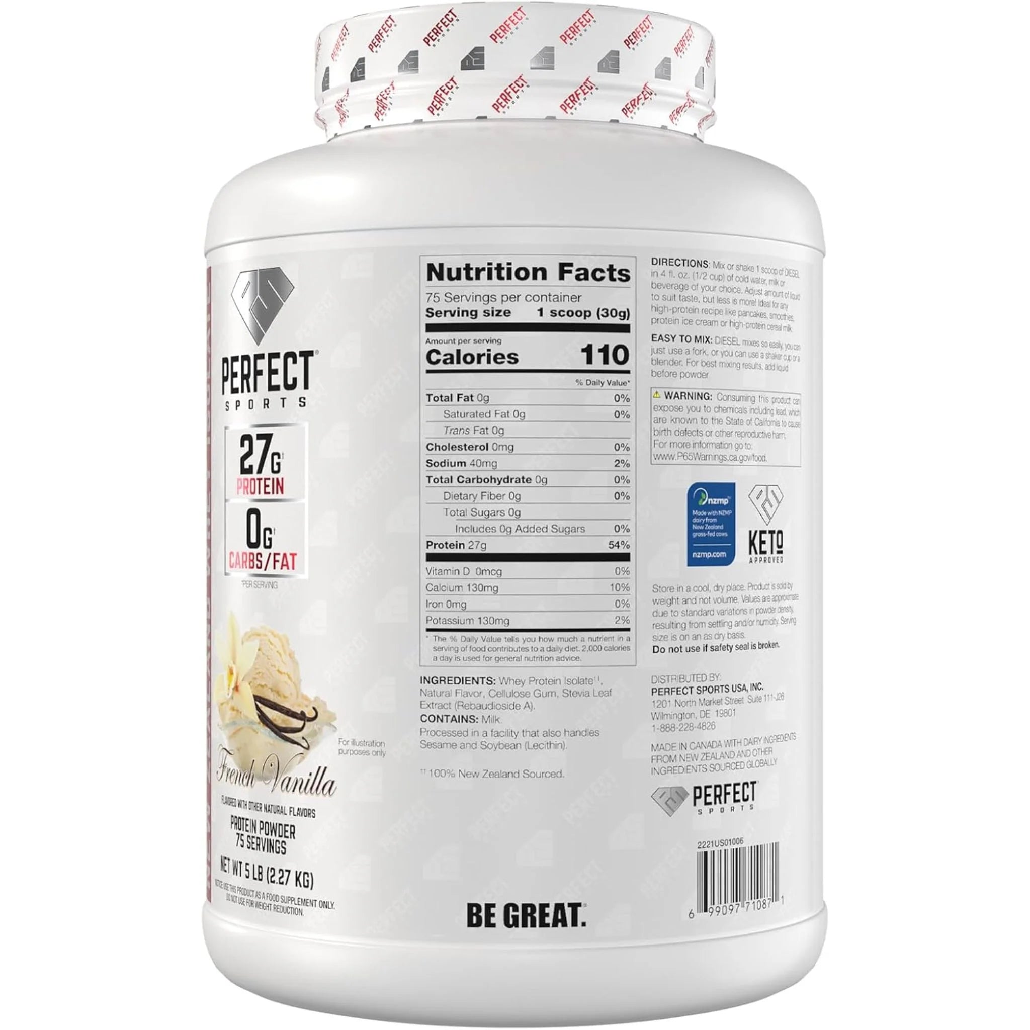 Perfect Sports Diesel New Zealand Whey Isolate Protein Powder, Vanilla, 5lbs