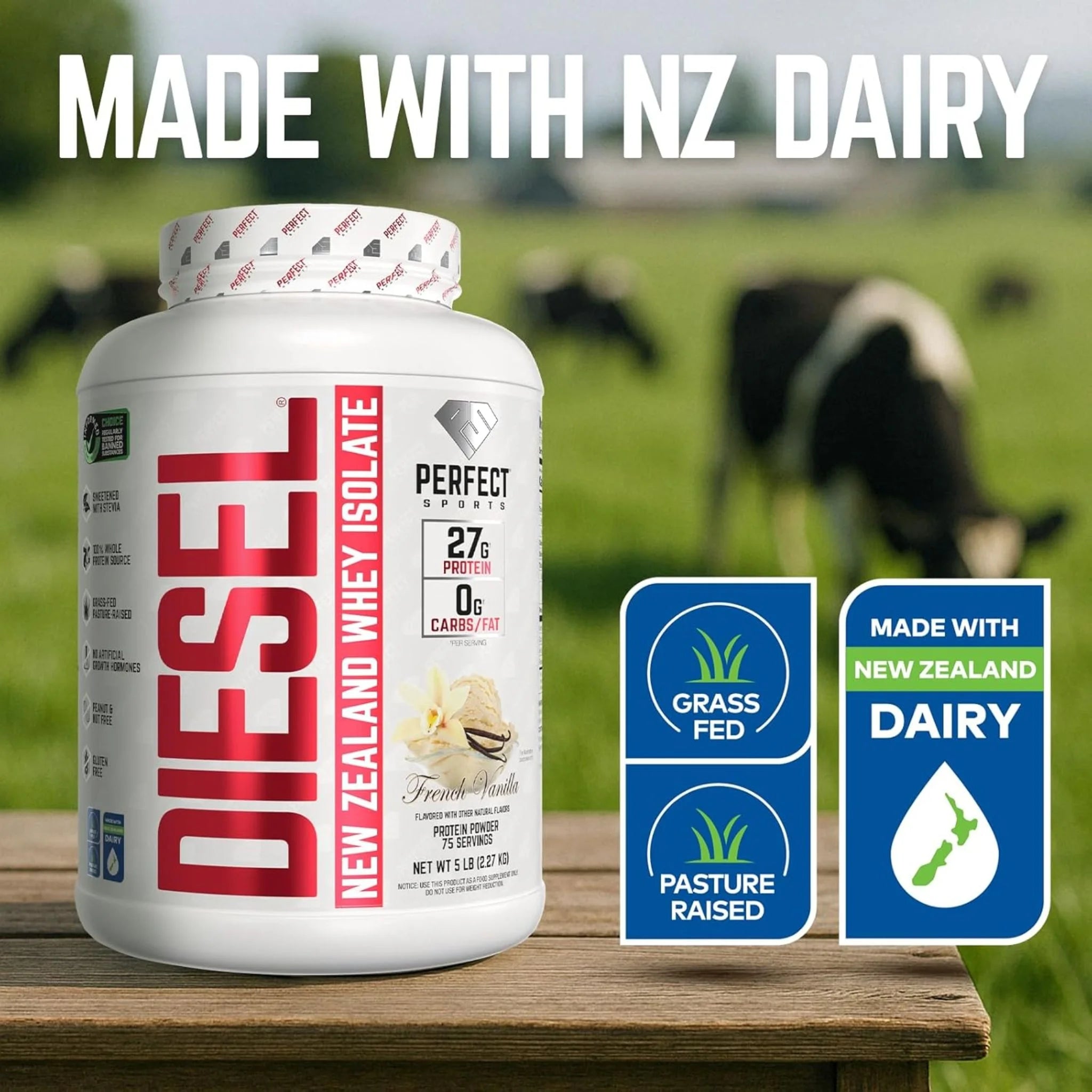 Perfect Sports Diesel New Zealand Whey Isolate Protein Powder, Vanilla, 5lbs