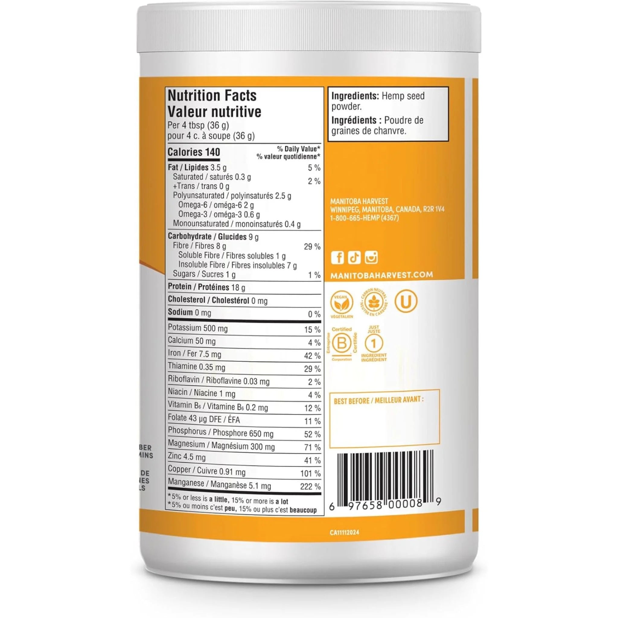 Manitoba Harvest Hemp Yeah Balanced Plant Protein and Fibre - 454g