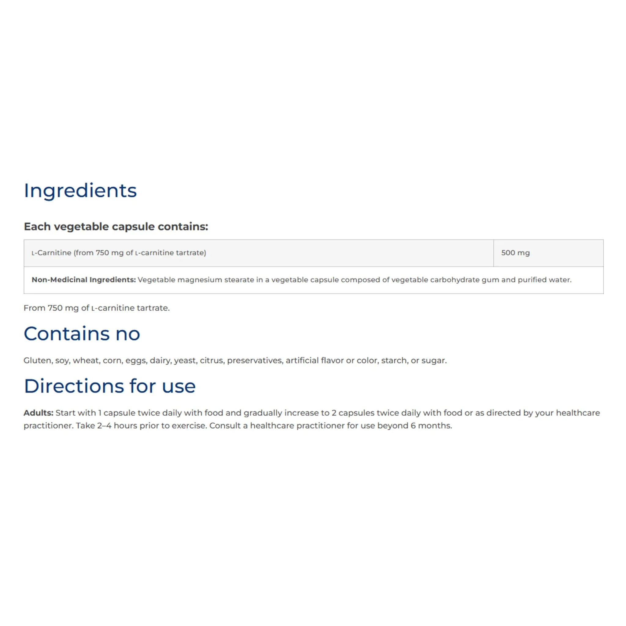 NFH L - Carnitine Tartrate SAP 90 capsules - Nature's Source Inc