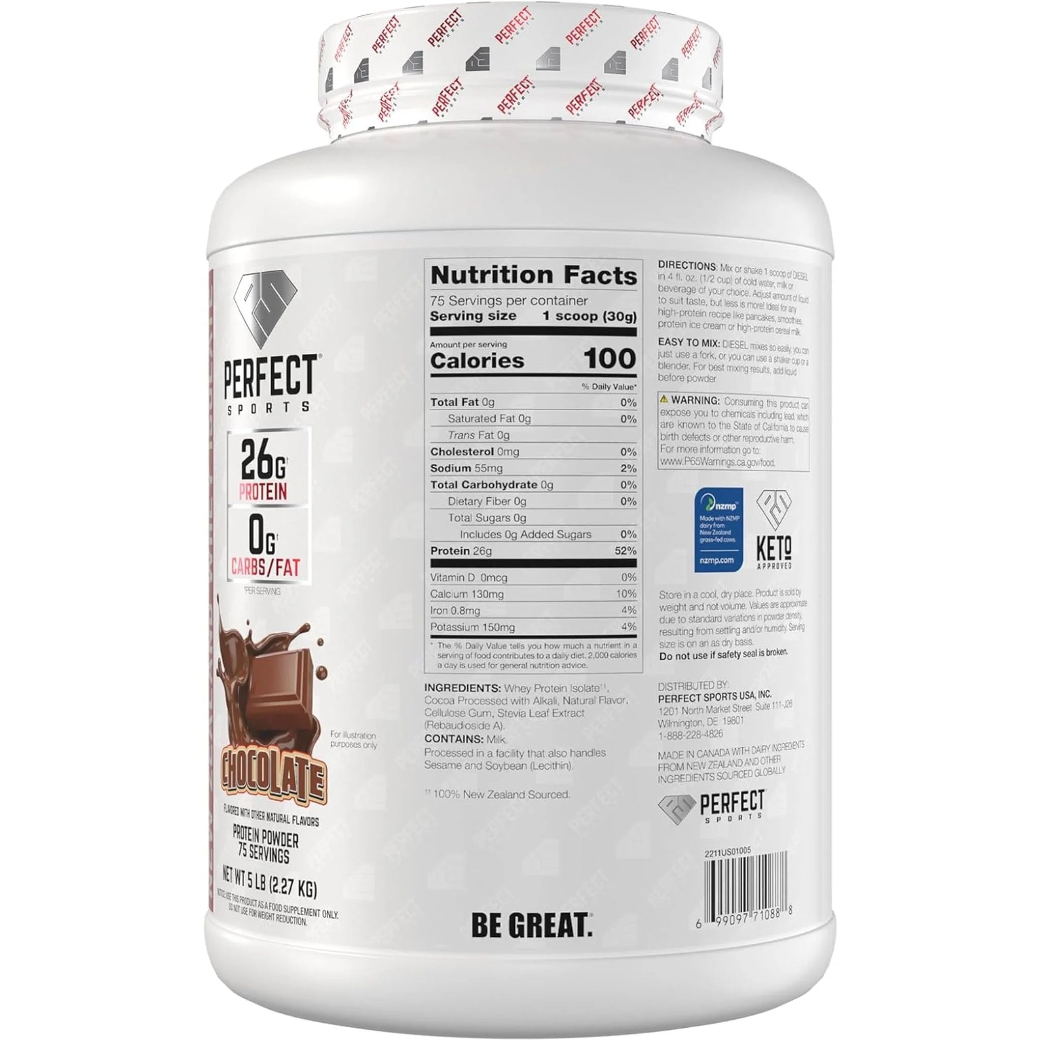 Perfect Sports Diesel New Zealand Whey Isolate, Chocolate, 5lbs