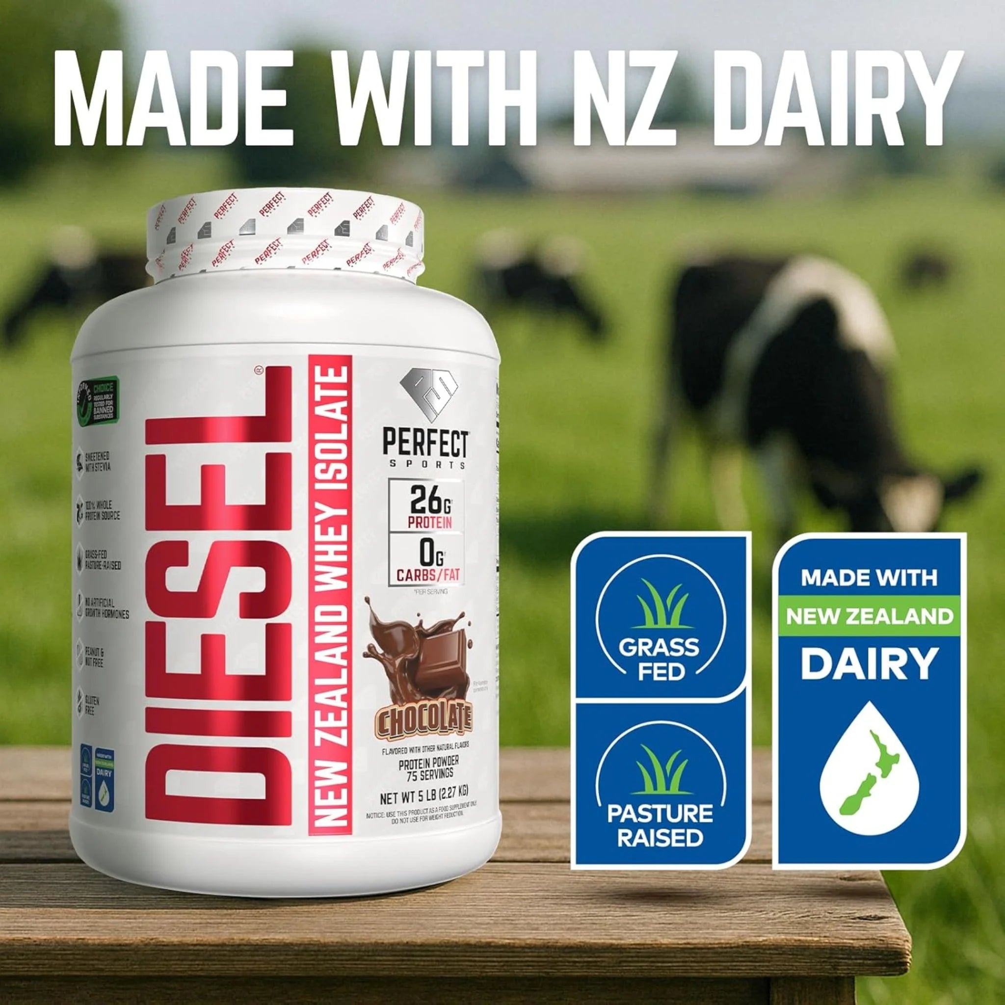 Perfect Sports Diesel New Zealand Whey Isolate, Chocolate, 5lbs
