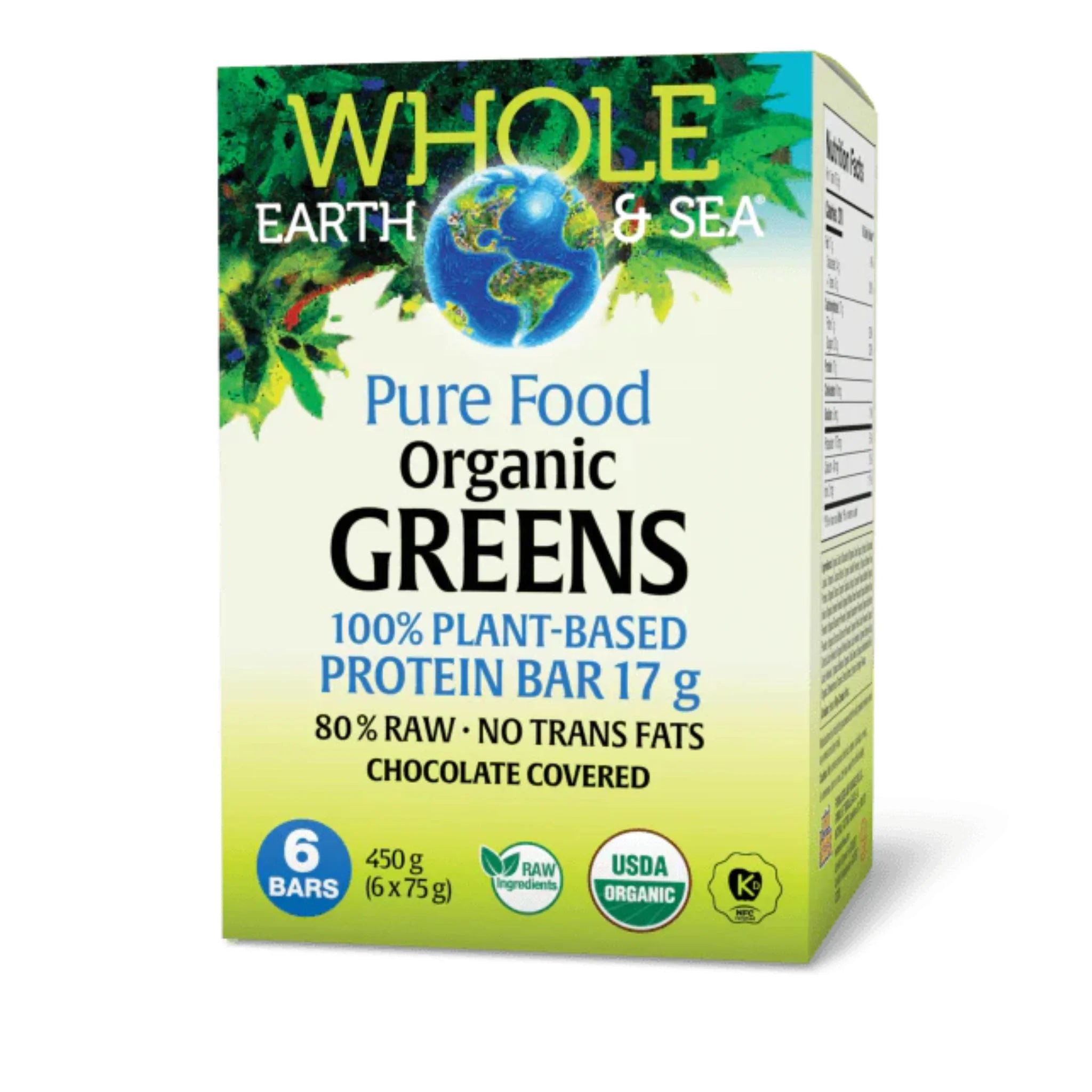 Natural Factors Whole Earth & Sea Organic Vegan Greens Protein Bar per bx of 6 (6 bar) - Nature's Source Inc
