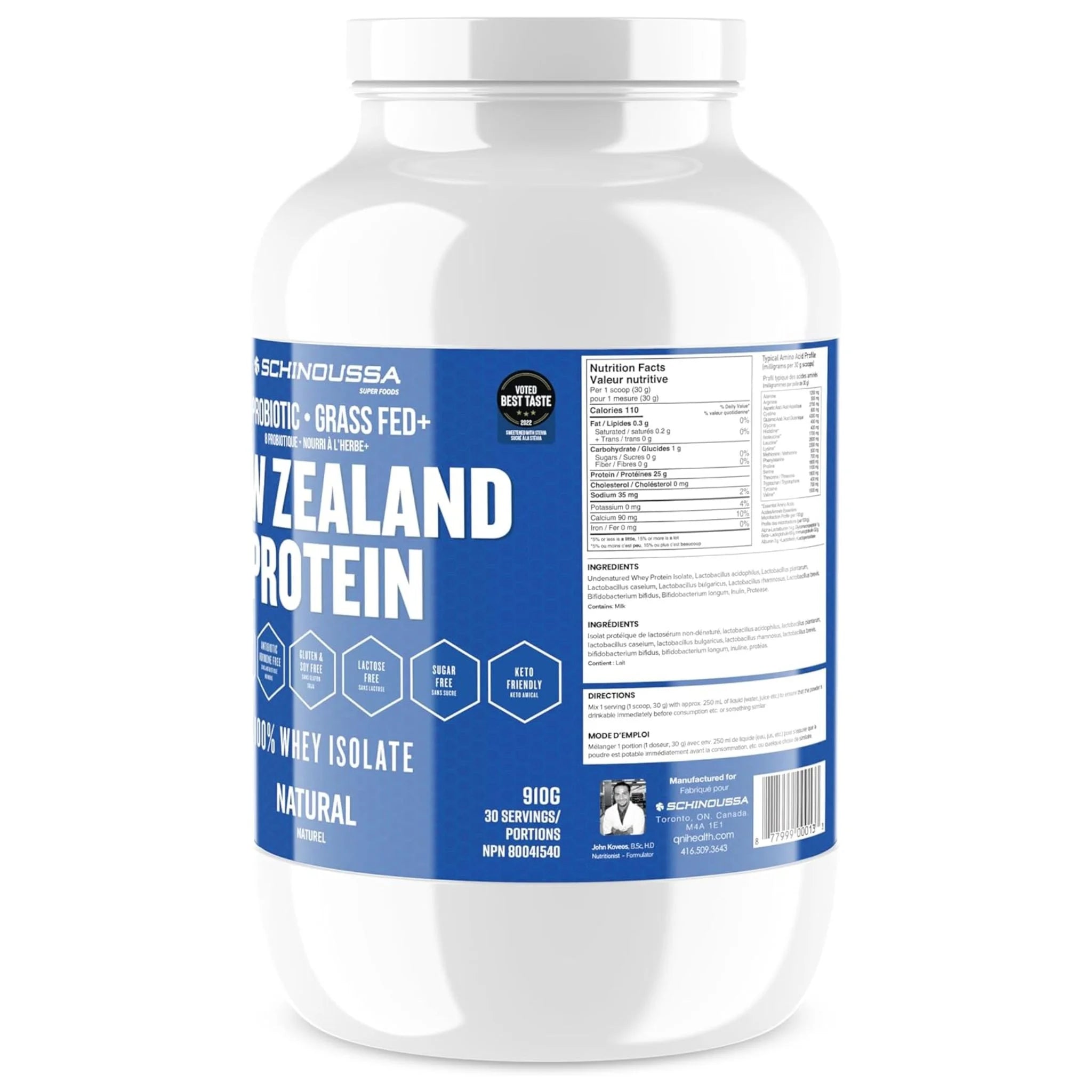 Schinoussa Probiotic Whey Isolate Natural 910g - Nature's Source Inc