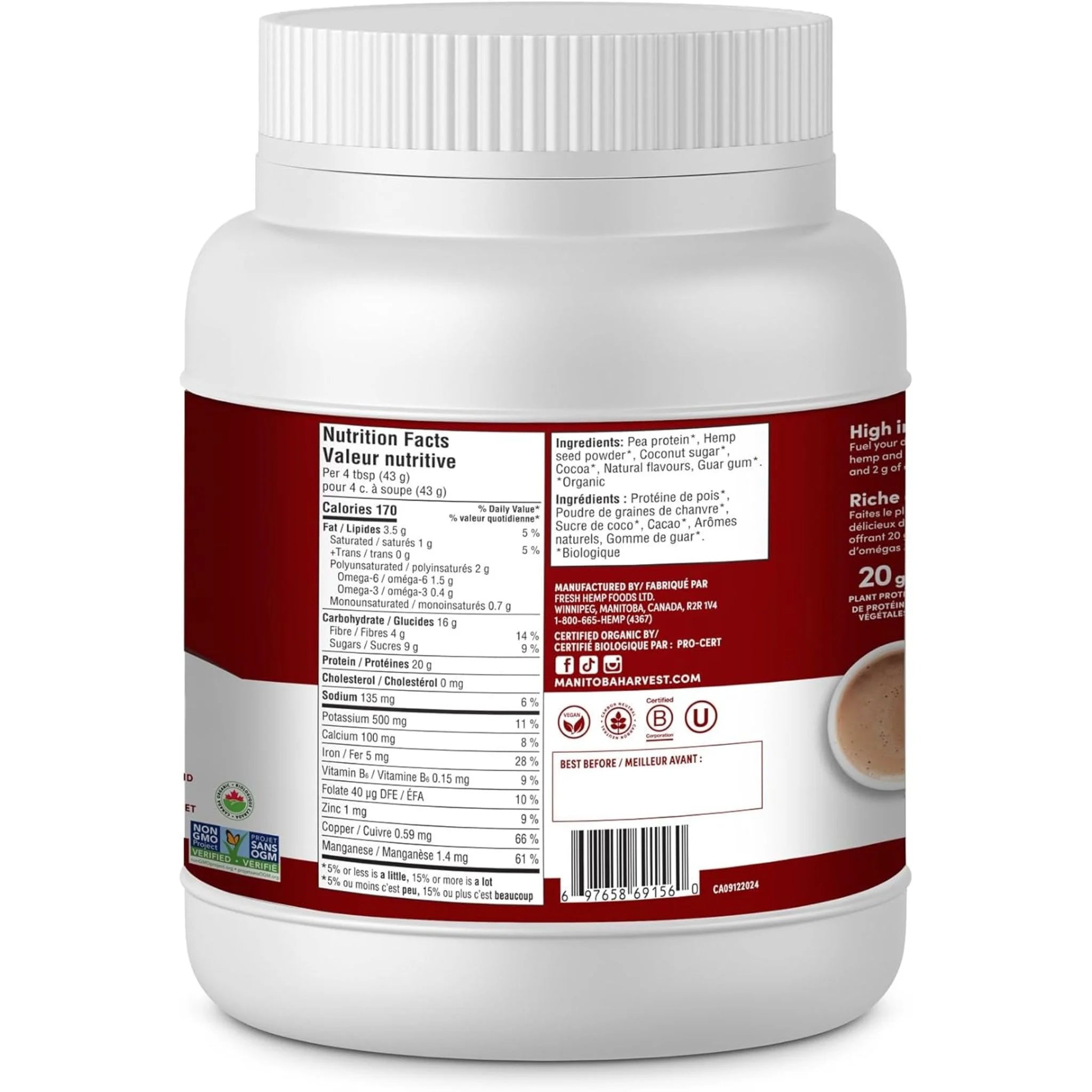 Manitoba Harvest Hemp Yeah Plant Protein - Chocolate 454 gm
