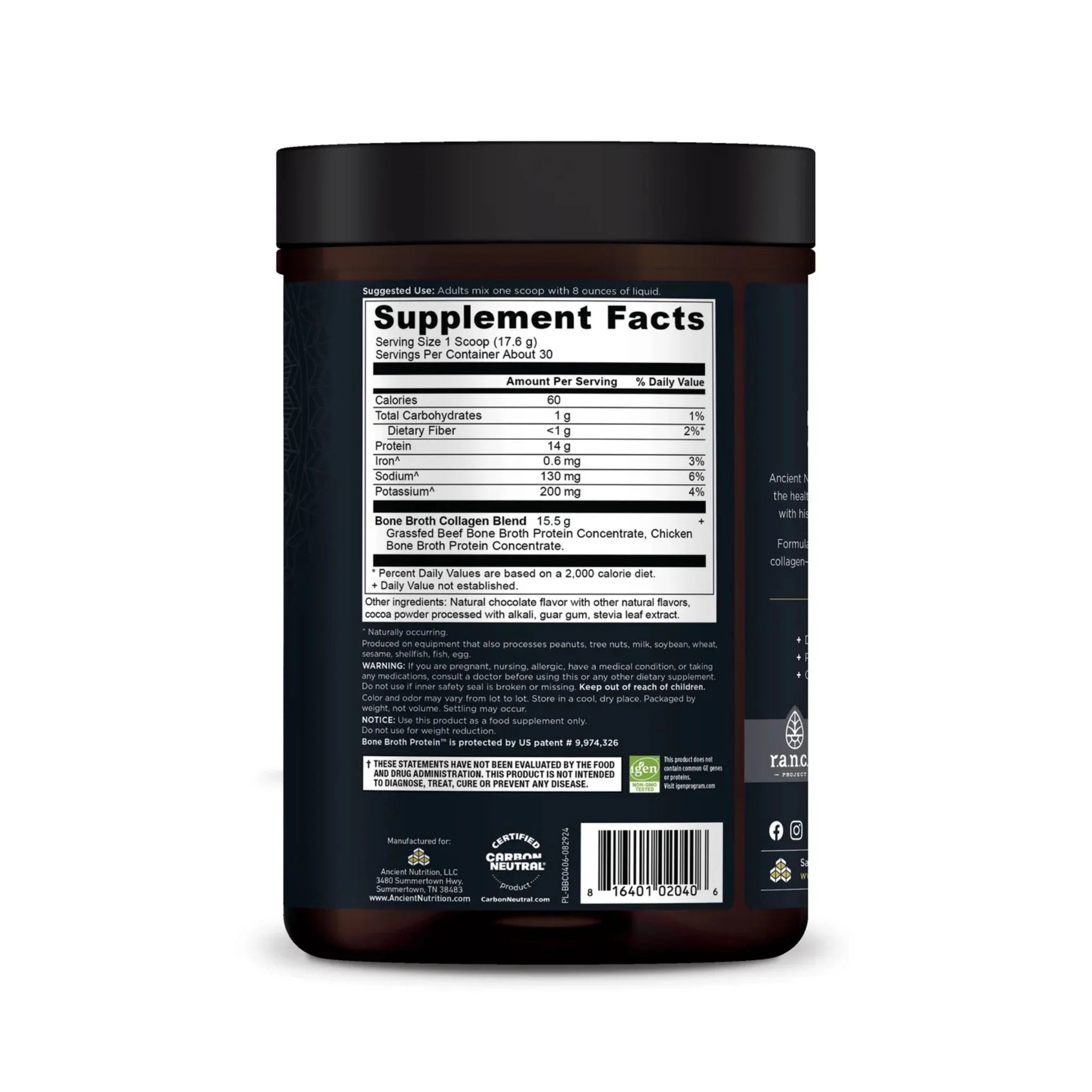 Ancient Nutrition Bone Broth Collagen Protein Chocolate 357 g - Nature's Source Inc