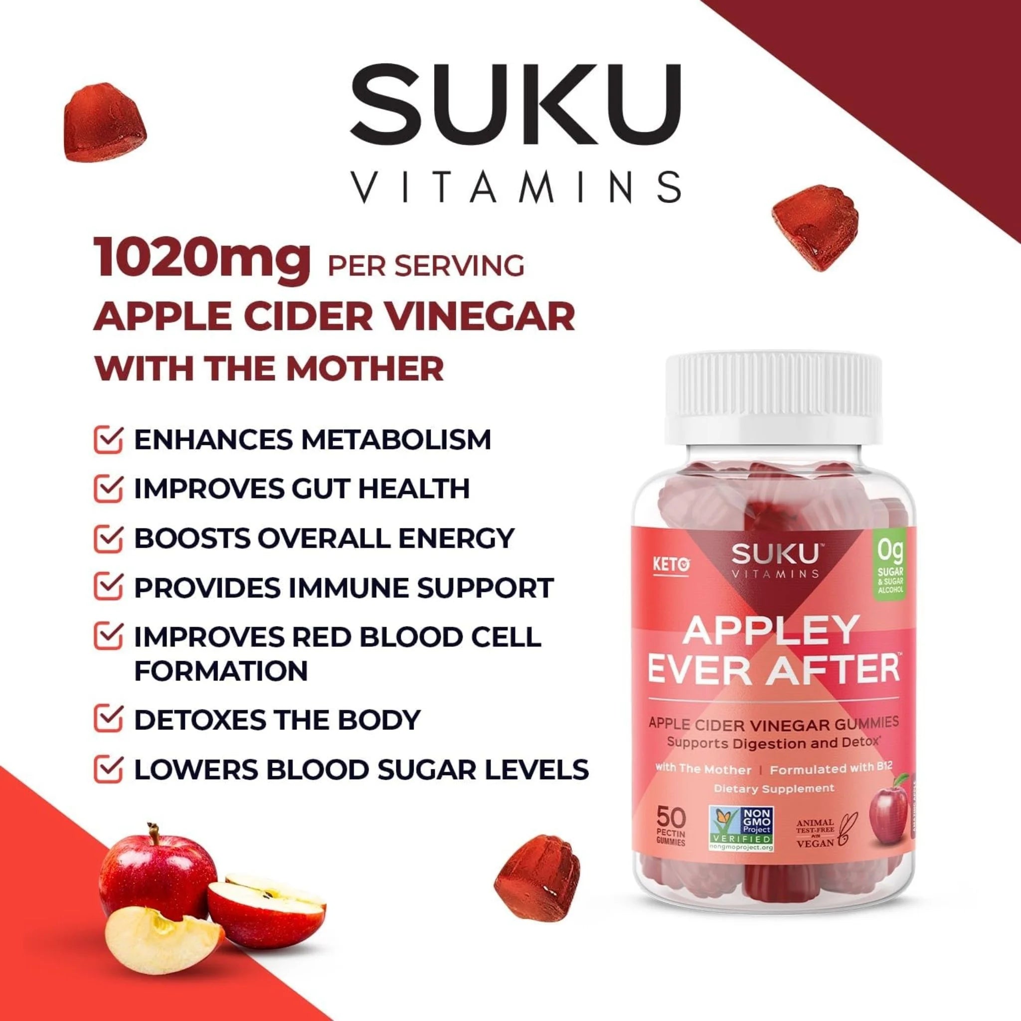 Suku Vitamins Appley Ever After (Apple Cider Vinegar Gummies With Mother) - 50 Gummies