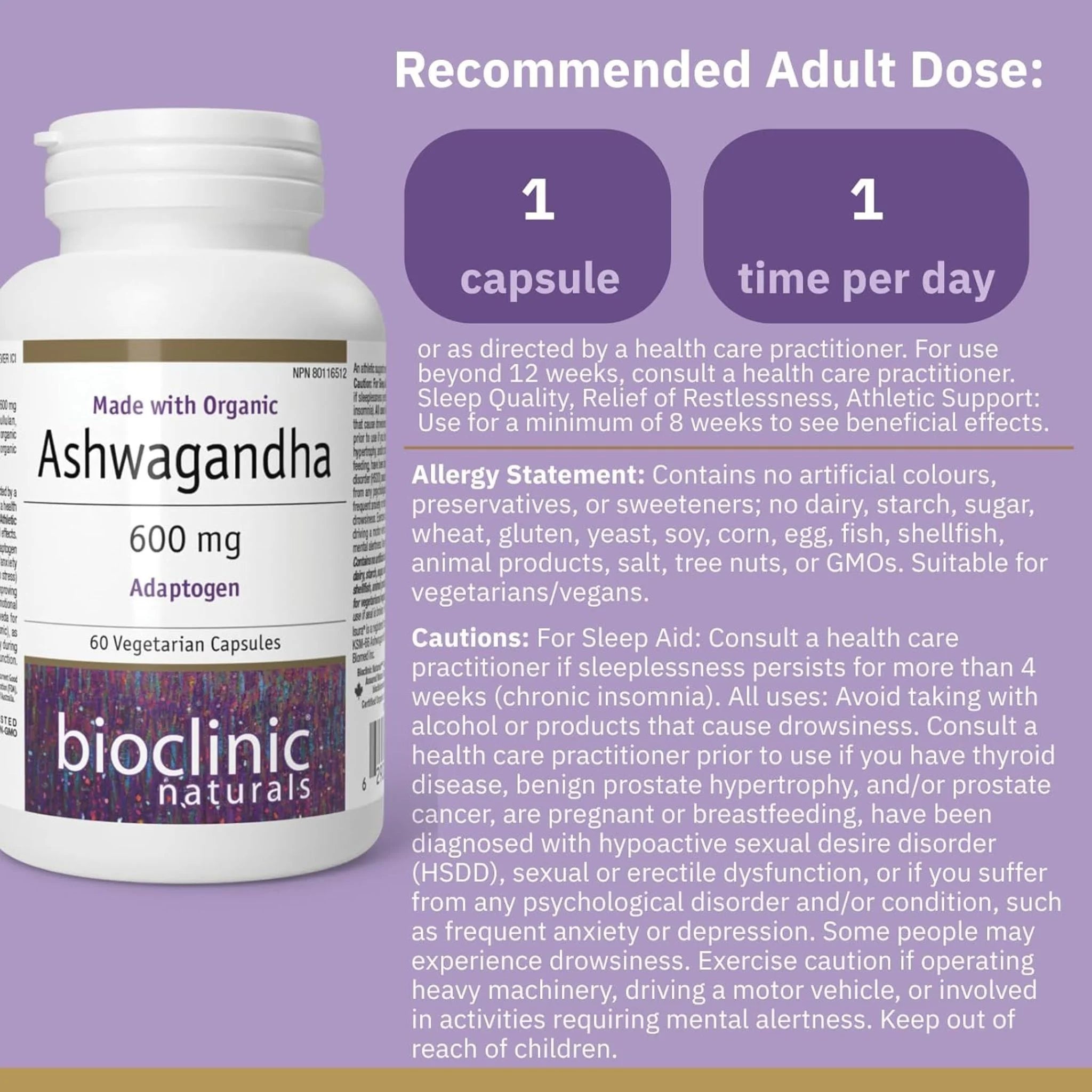 Bioclinic Naturals Ashwagandha 600mg 60 Vegetarian Capsules - Nature's Source Inc