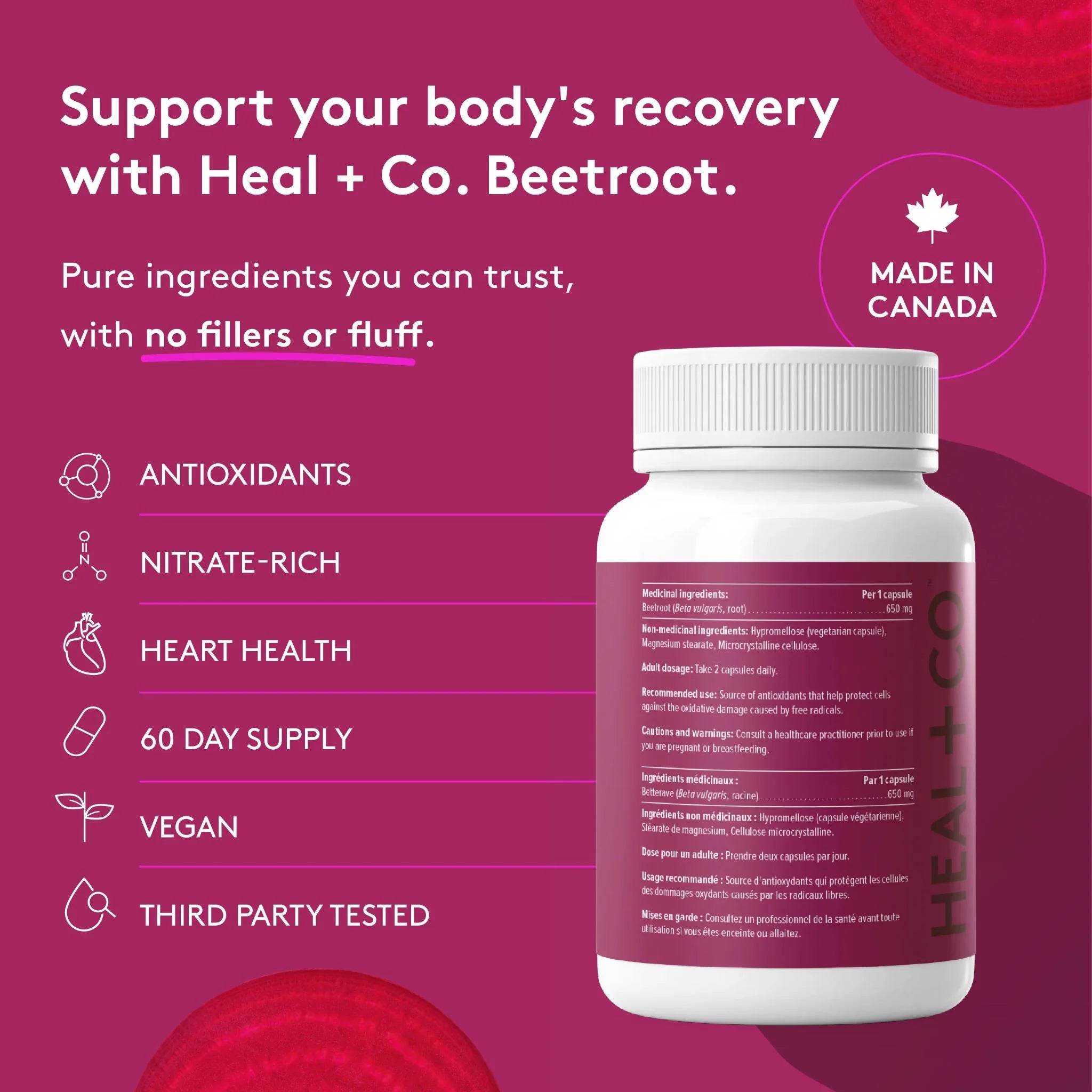 Heal + Co. Beetroot 650mg 120 Vegetarian Capsules - Nature's Source Inc
