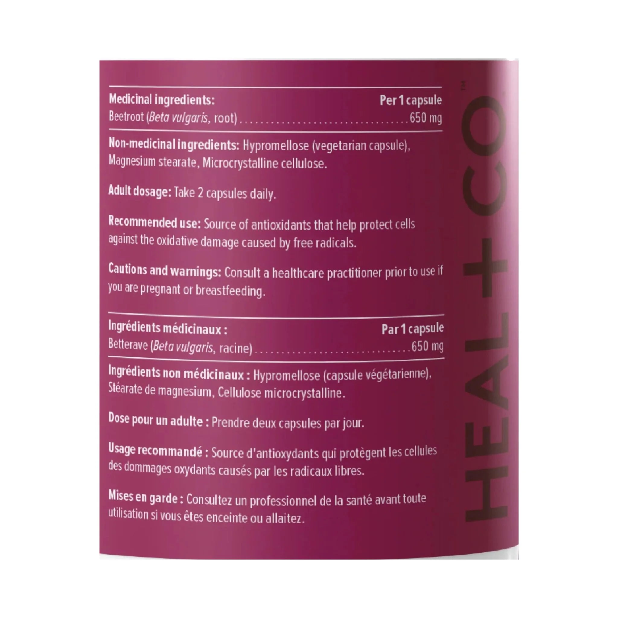 Heal + Co. Beetroot 650mg 120 Vegetarian Capsules - Nature's Source Inc