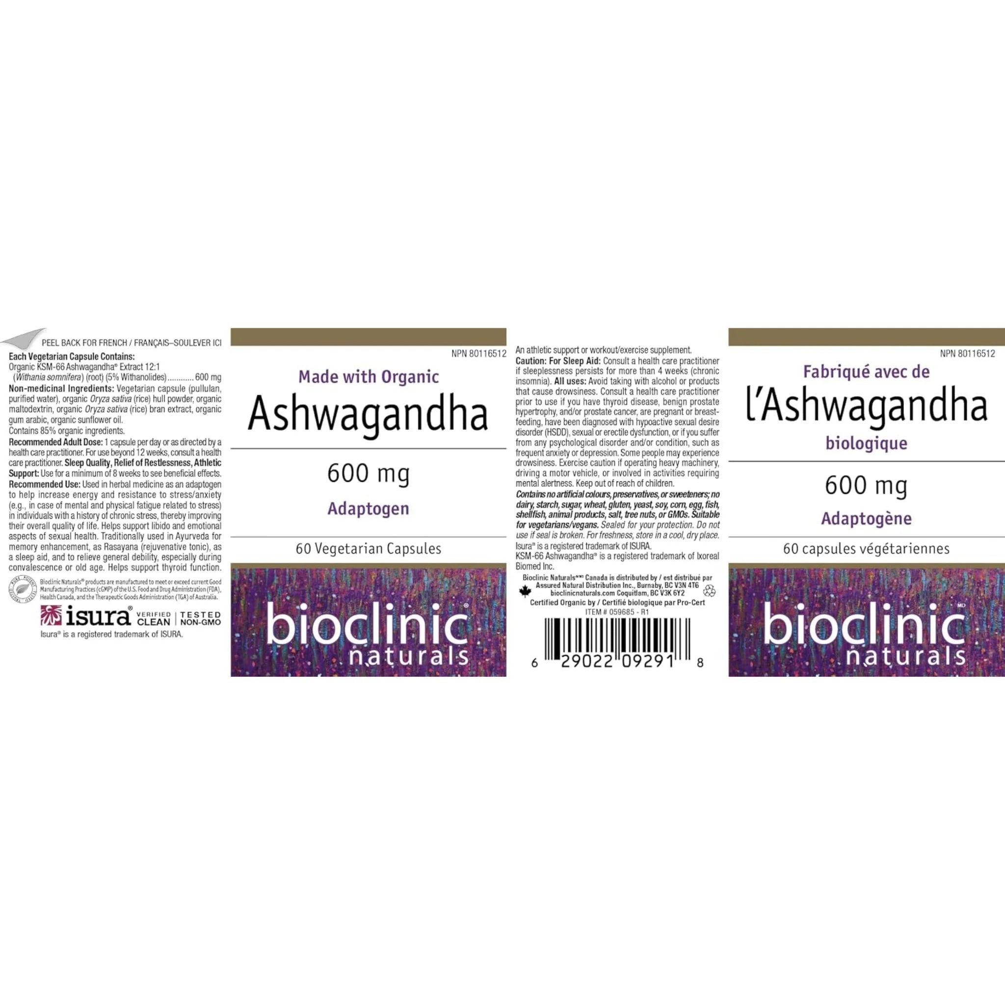 Bioclinic Naturals Ashwagandha 600mg 60 Vegetarian Capsules - Nature's Source Inc
