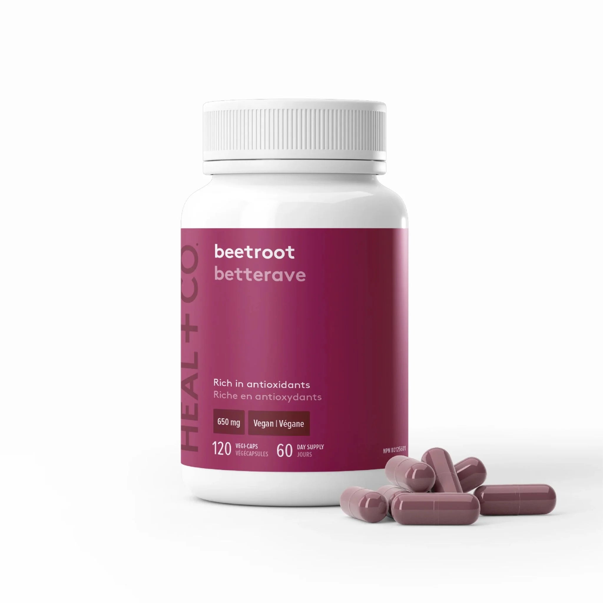Heal + Co. Beetroot 650mg 120 Vegetarian Capsules - Nature's Source Inc