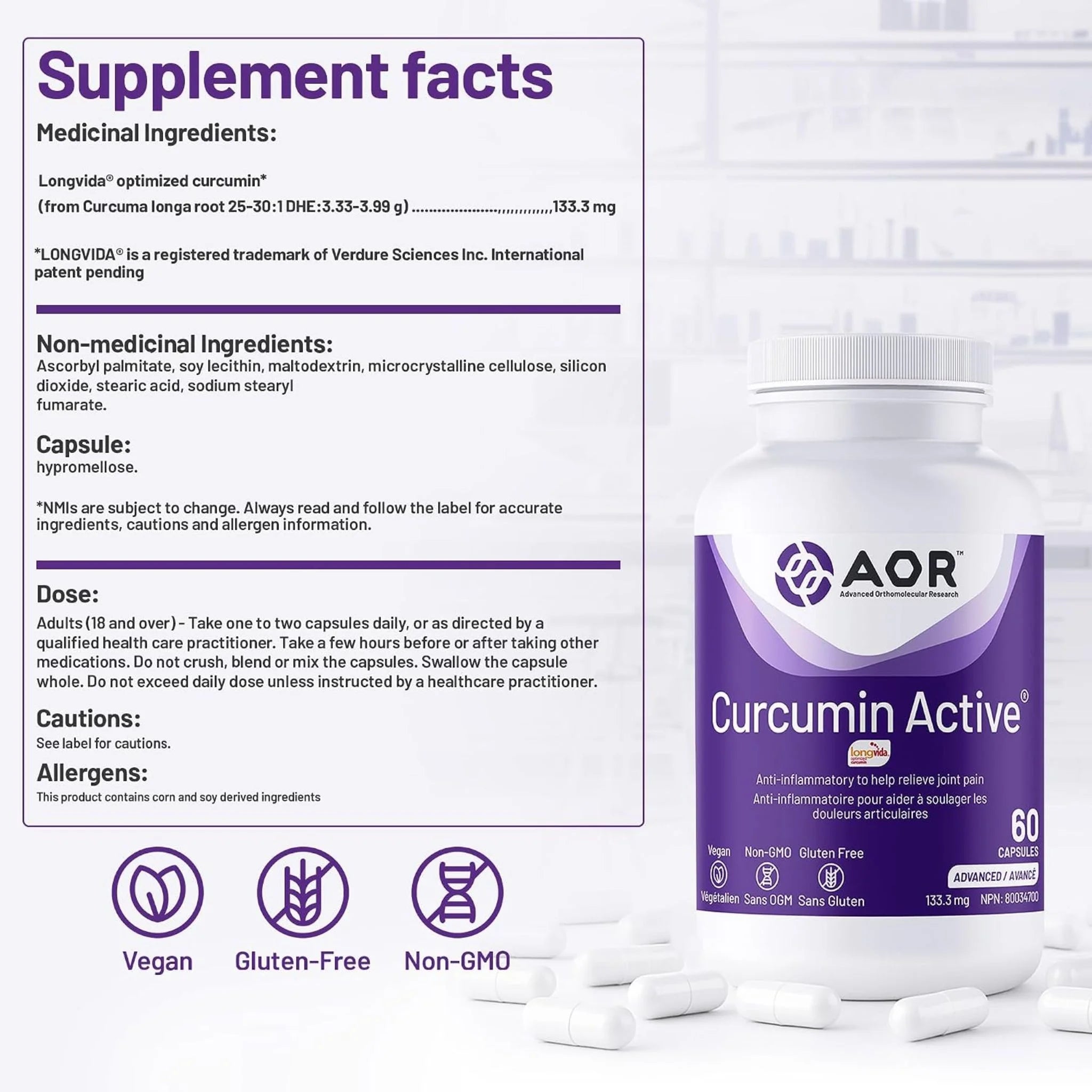 AOR Curcumin Active 133.3mg, 60 Vegan Capsules - Nature's Source Inc