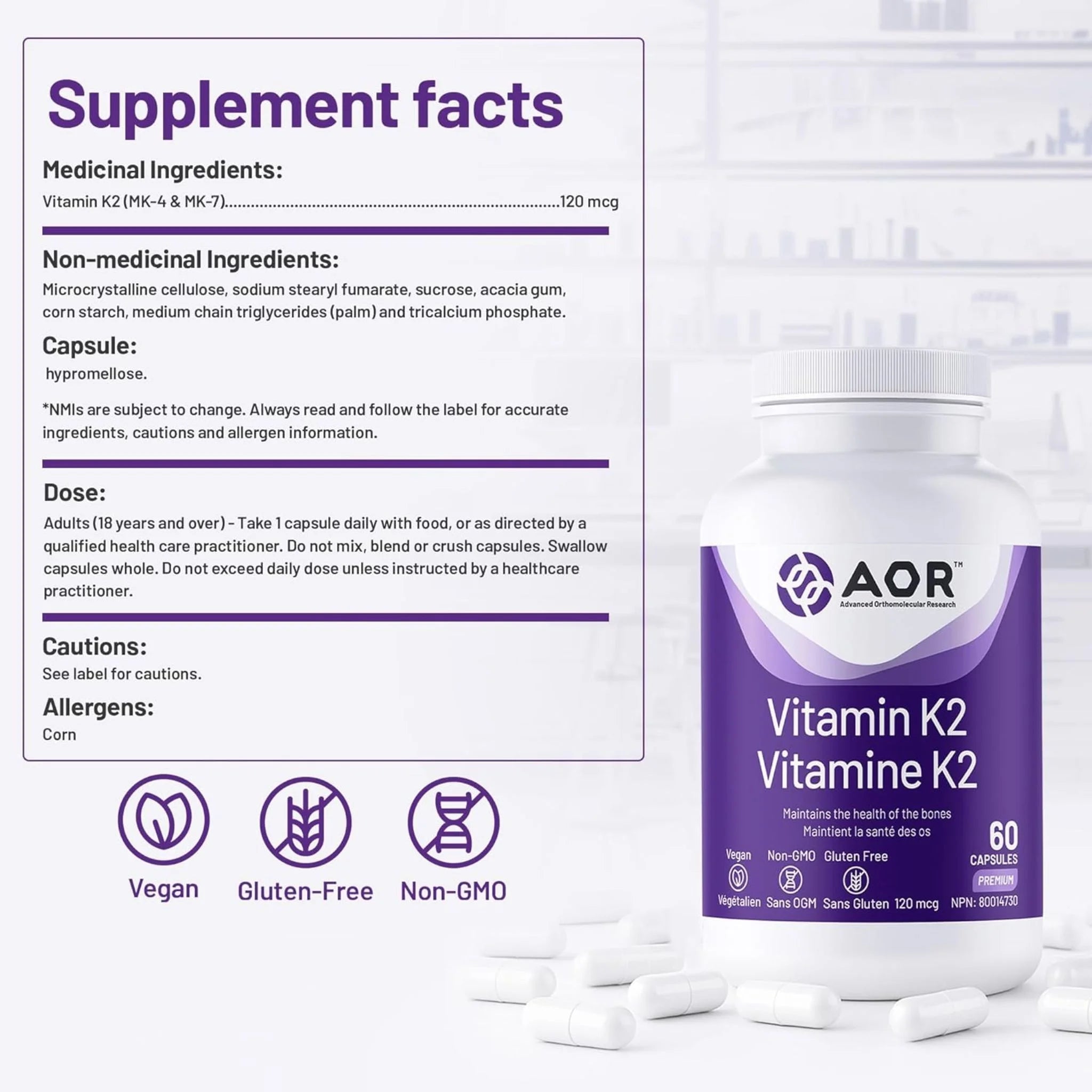 AOR Vitamin K2, 120mcg 60 Vegan Capsules - Nature's Source Inc