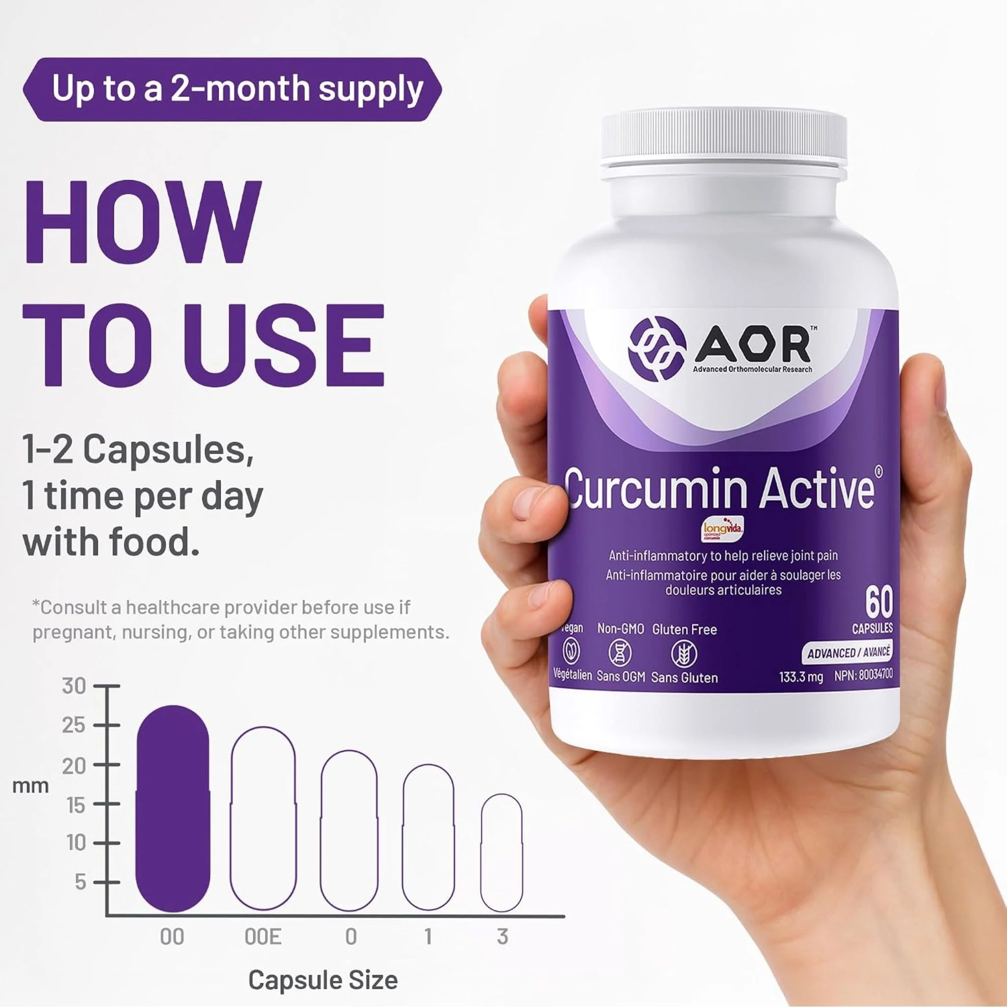 AOR Curcumin Active 133.3mg, 60 Vegan Capsules - Nature's Source Inc