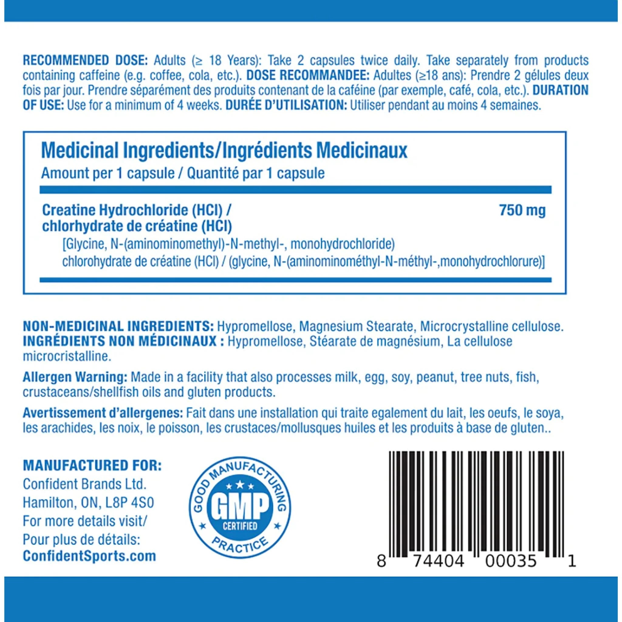 Confident Sports Creatine HCL 750mg 120 Vegetarian Capsules