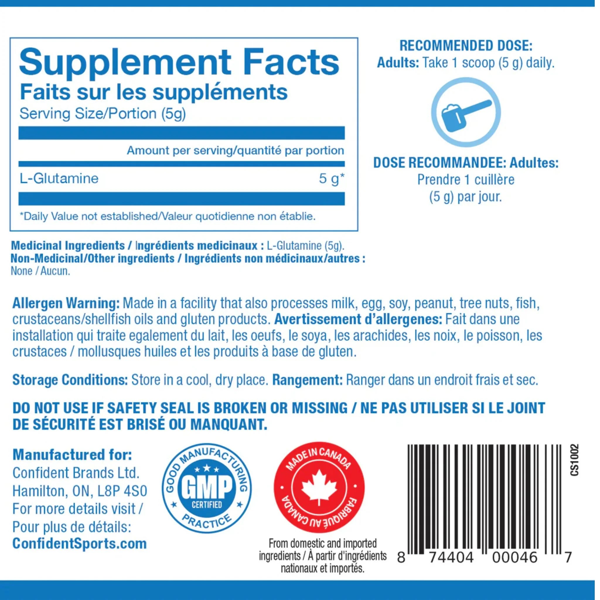Confident Sports Glutamine 1100g (Expiring June 2026)
