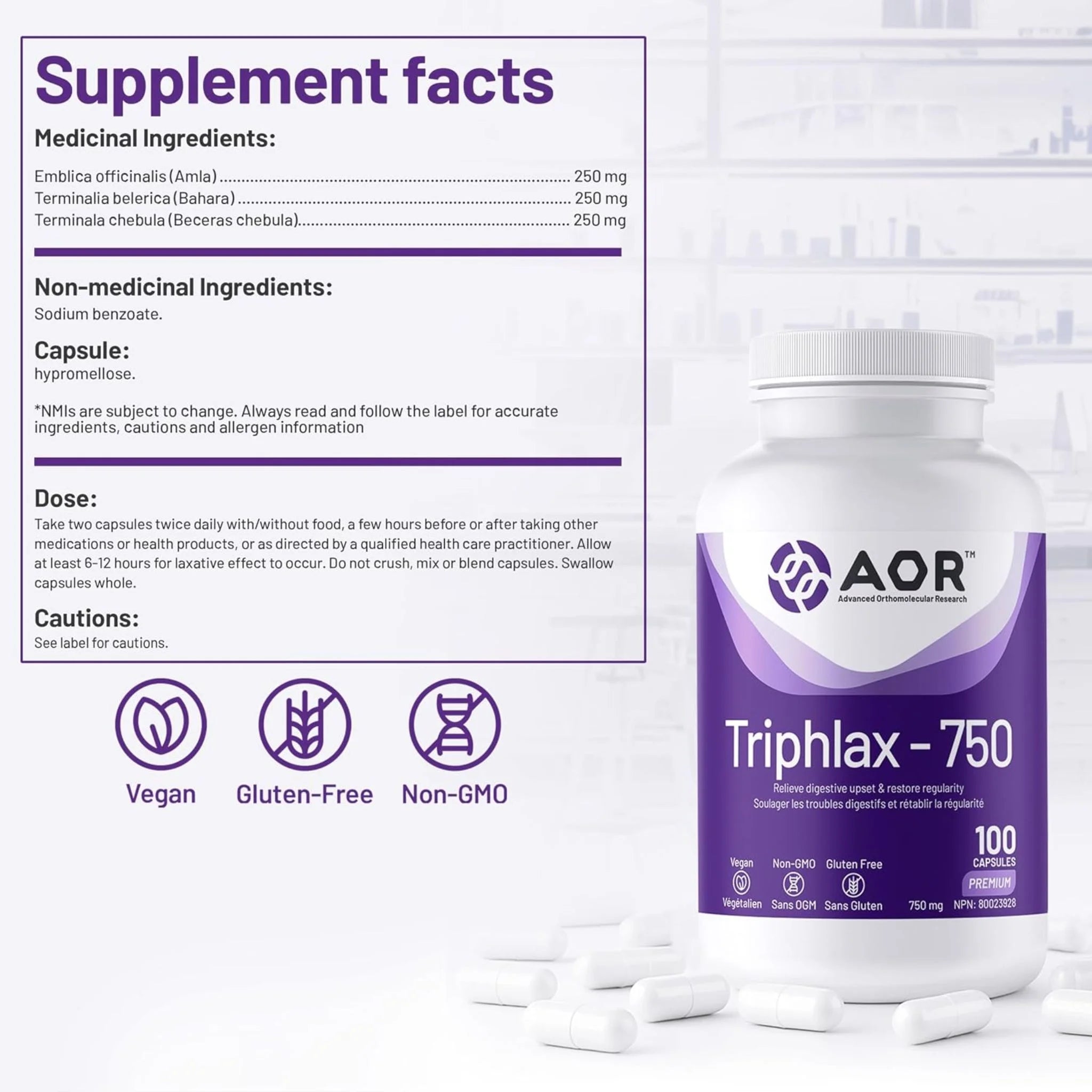 AOR Triphlax 750mg 100 Vegan Capsules