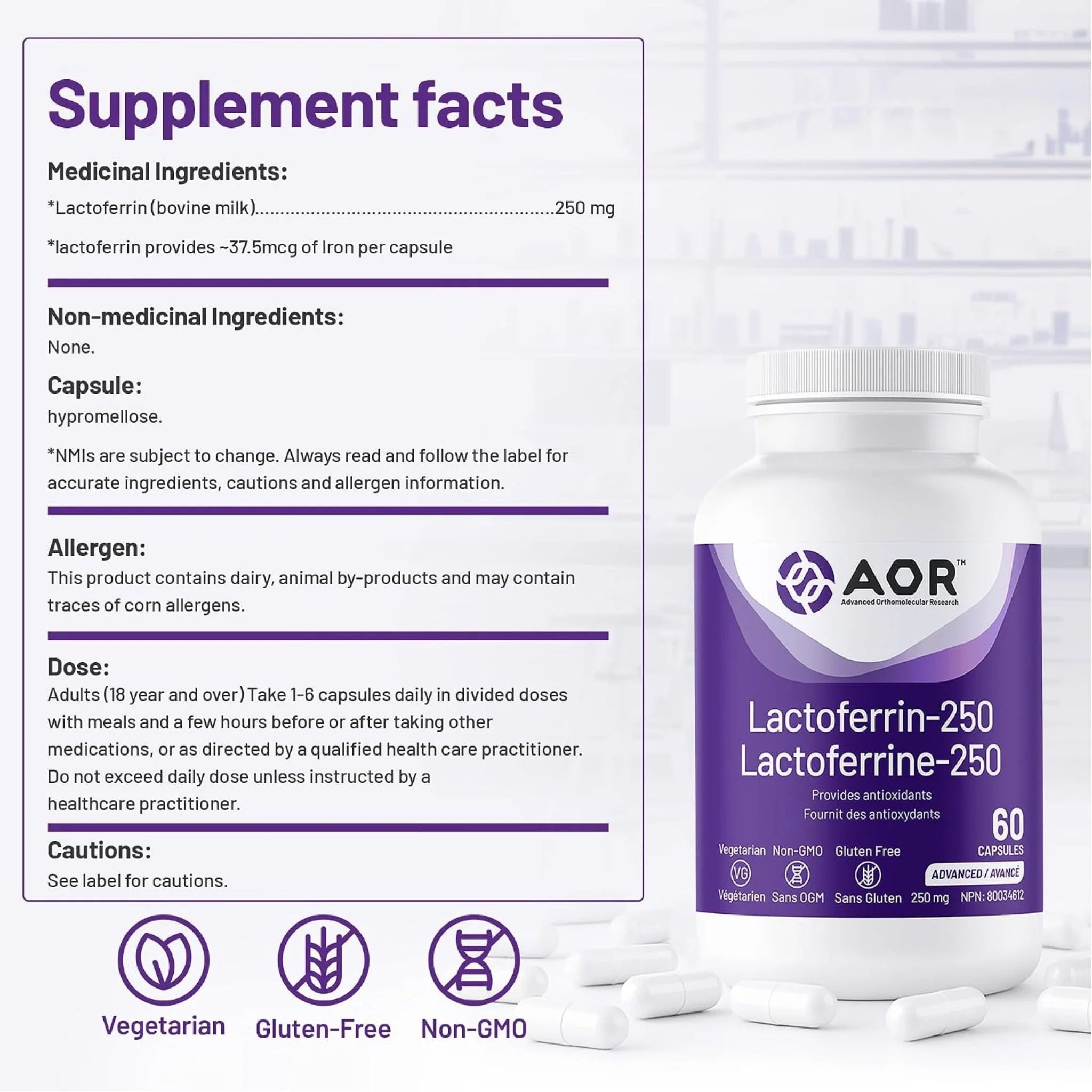 AOR Lactoferrin 250mg 60 Vegan Capsules