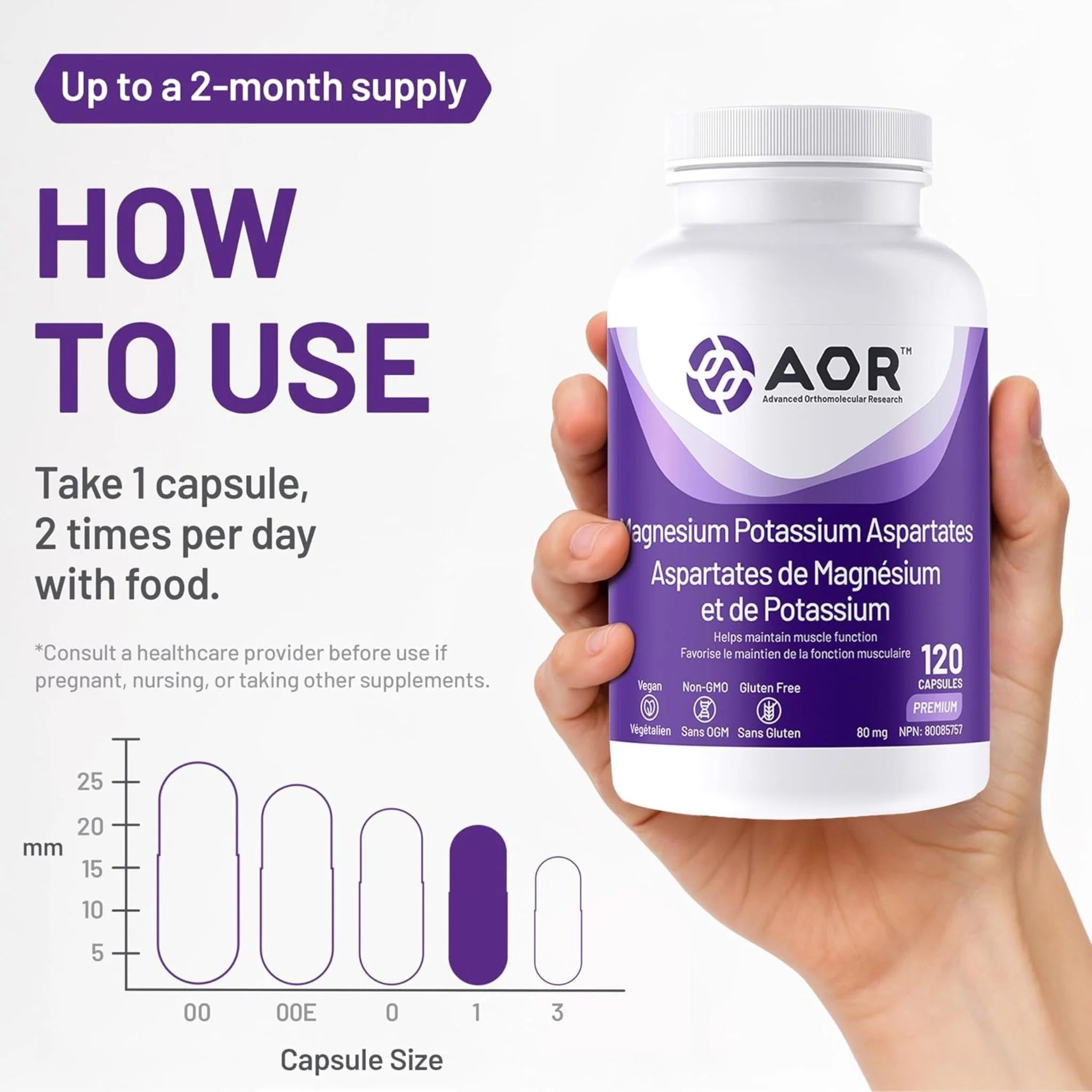 AOR Magnesium Potassium Aspartates 120 Veg-Caps