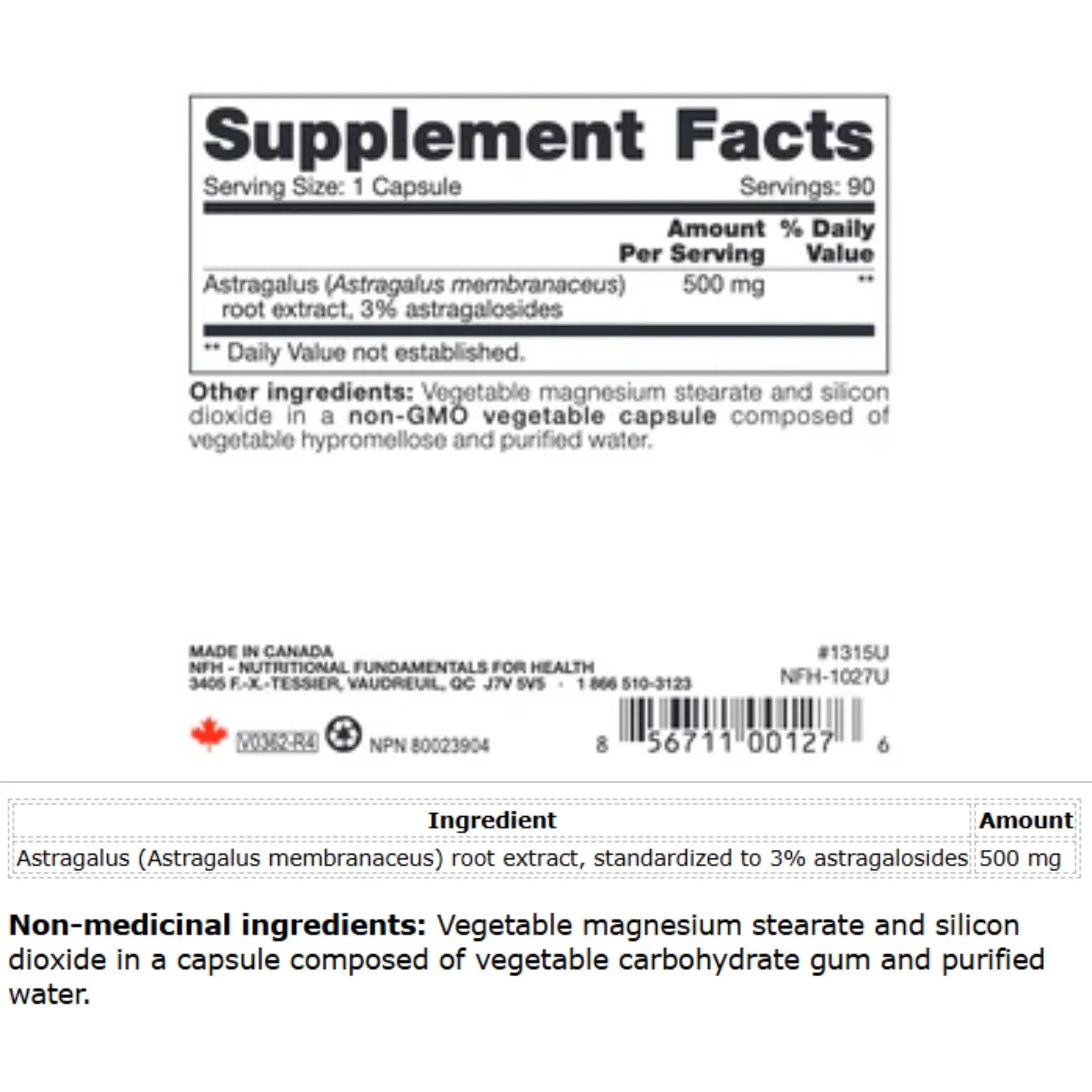 NFH Astragalus SAP 90 capsules - Nature's Source Inc