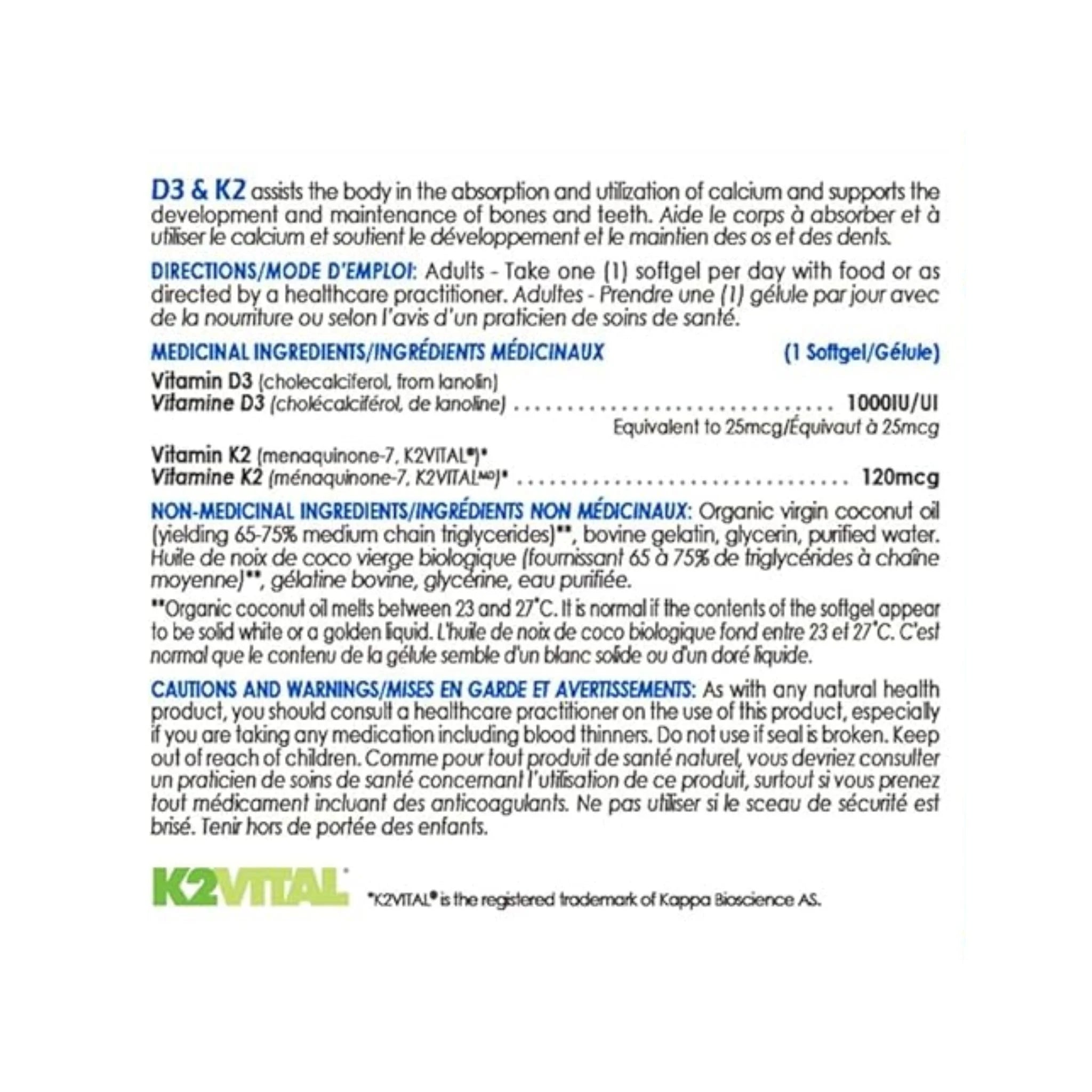 CanPrev D3 & K2 Organic Coconut Oil 120 softgels - Nature's Source Inc