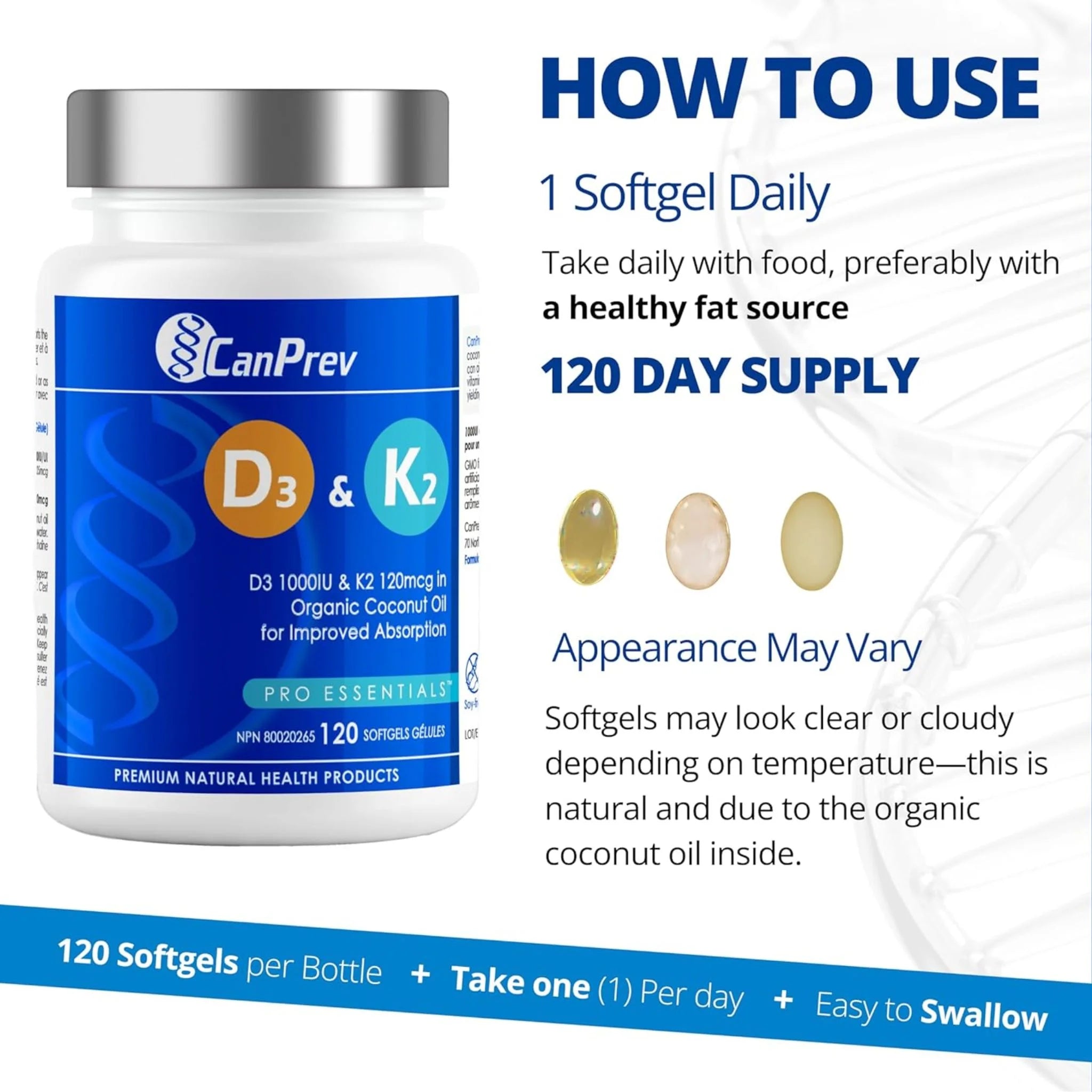 CanPrev D3 & K2 Organic Coconut Oil 120 softgels - Nature's Source Inc