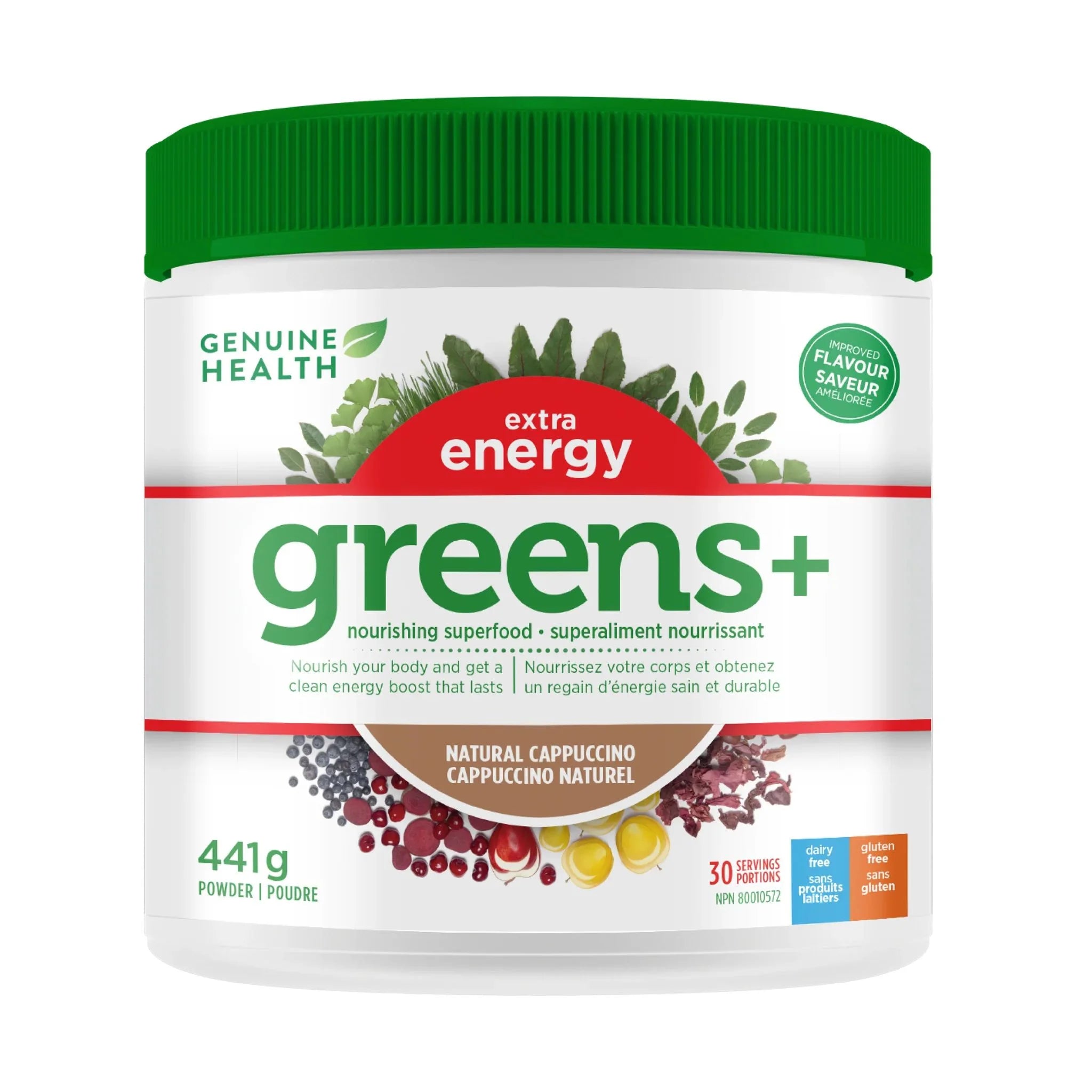 Genuine Health Greens+ ExtraEnergy Cappuccino 441g - Nature's Source Inc