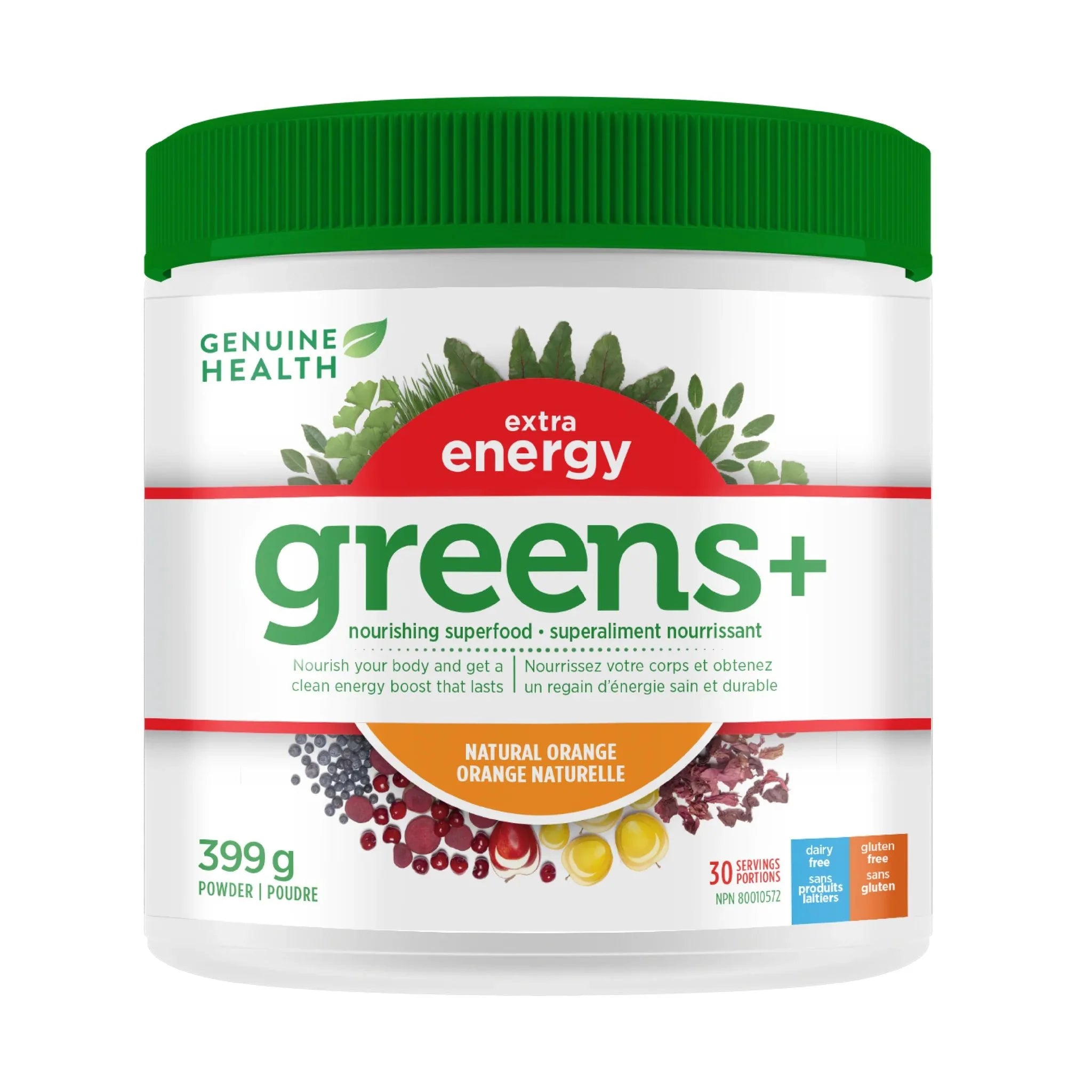 Genuine Health Greens + Extra Energy Orange 399g - Nature's Source Inc