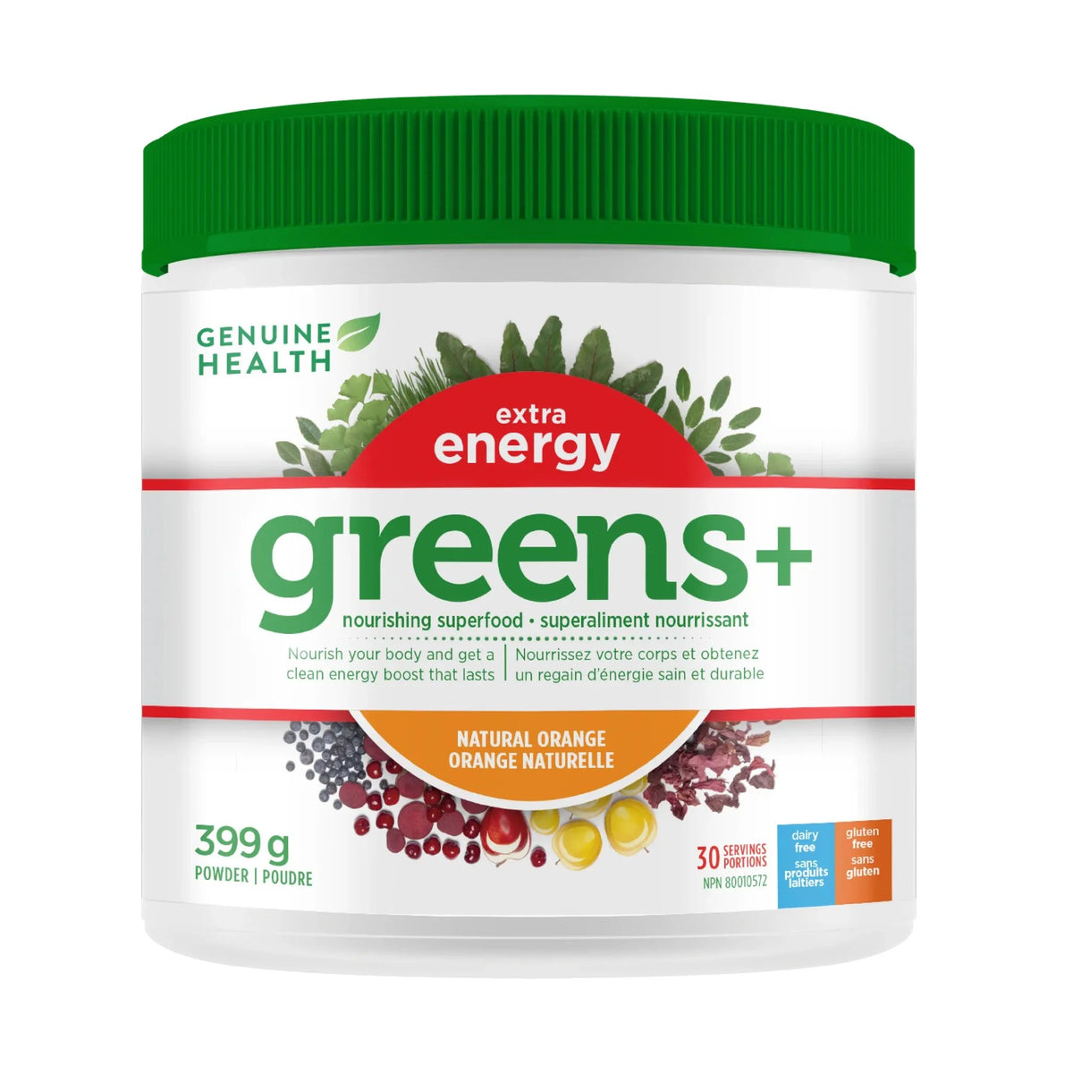 Genuine Health Greens + Extra Energy Orange 399g - Nature's Source Inc