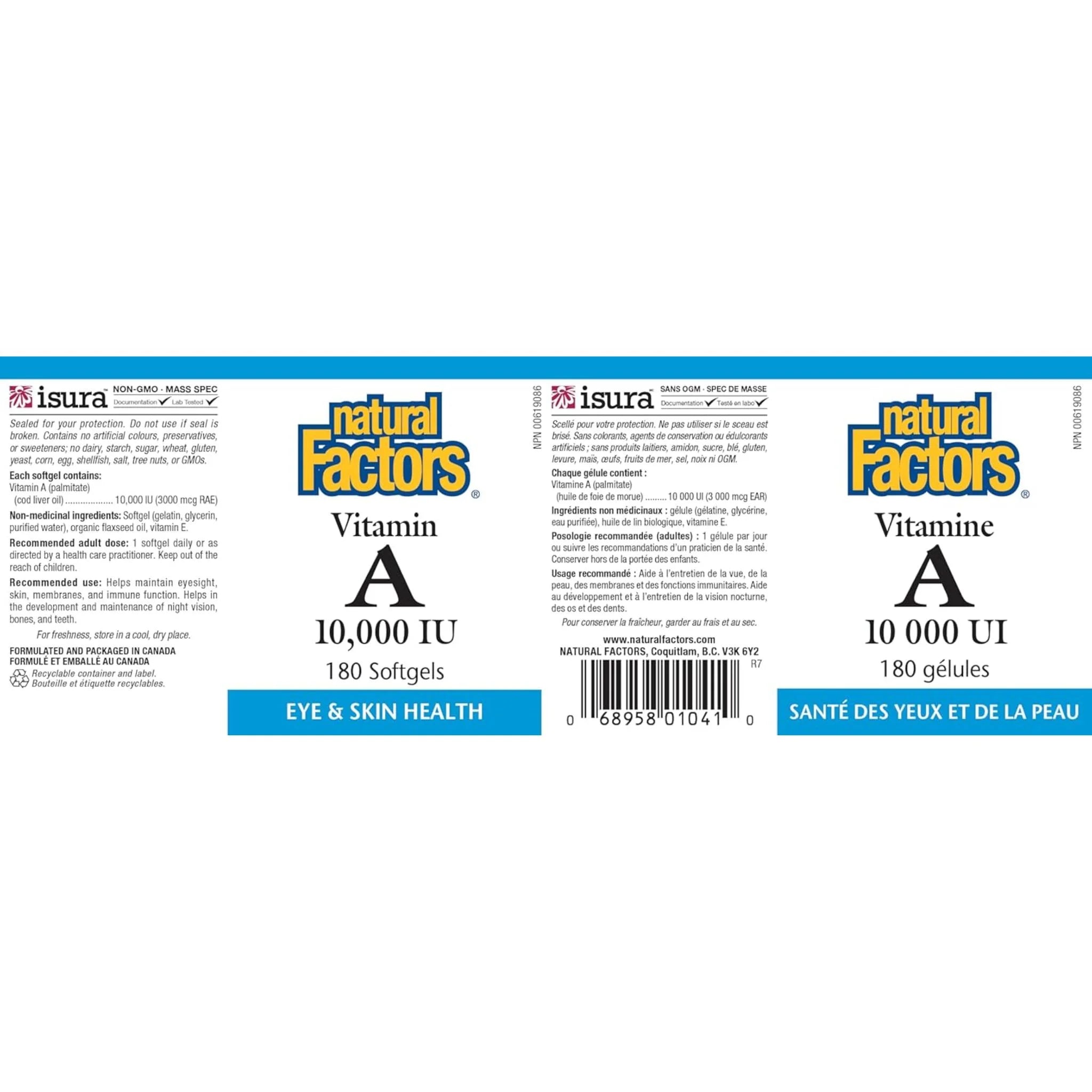 Natural Factors Vitamin A 10, 000 IU 180 Softgels