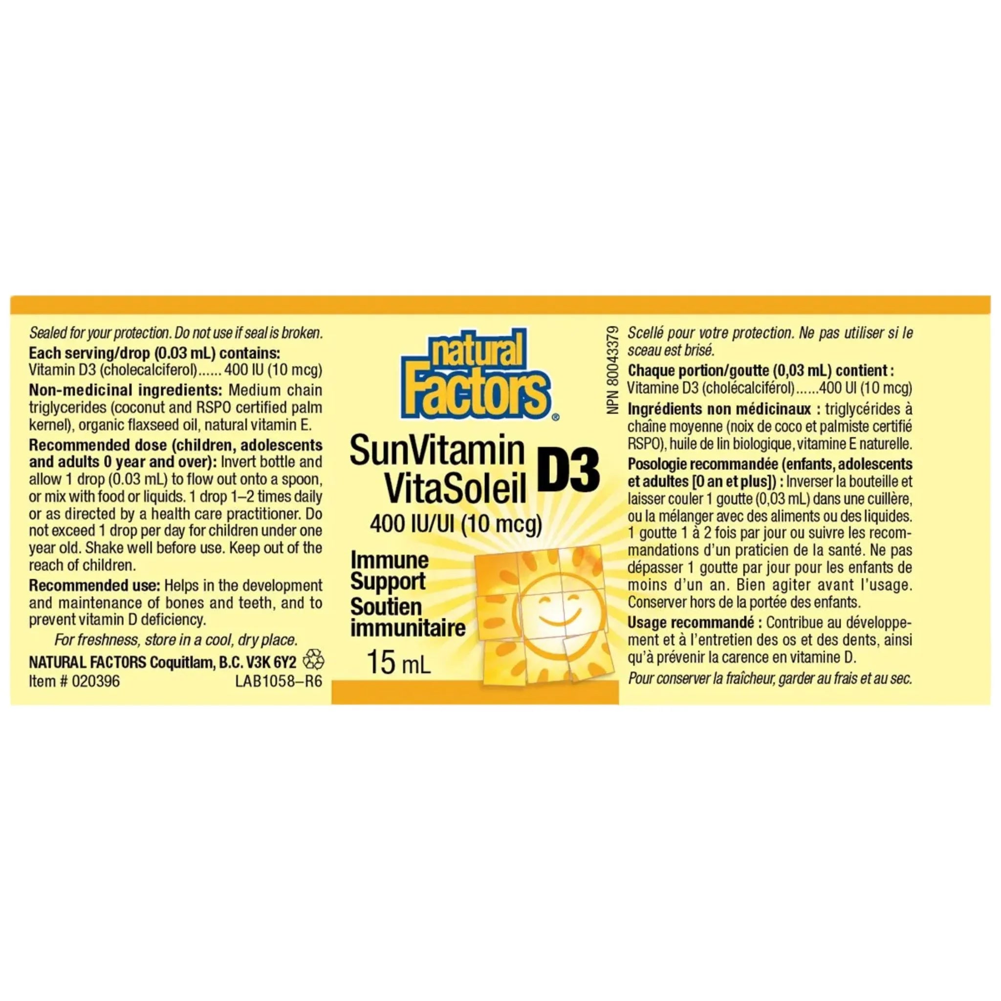 Natural Factors SunVitamin D3 Kids 400 IU 15ml