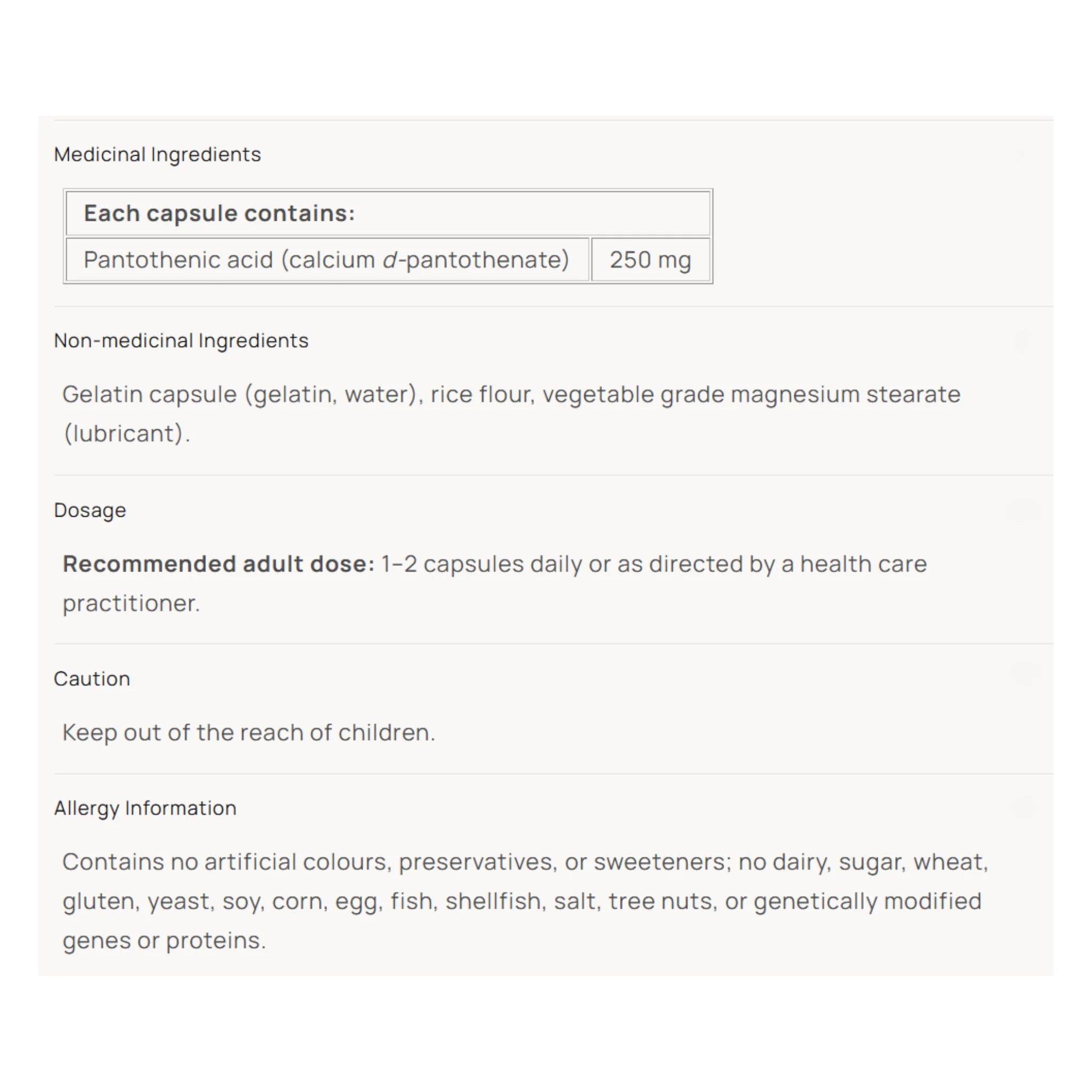 Natural Factors Pantothenic Acid 250 mg 90c