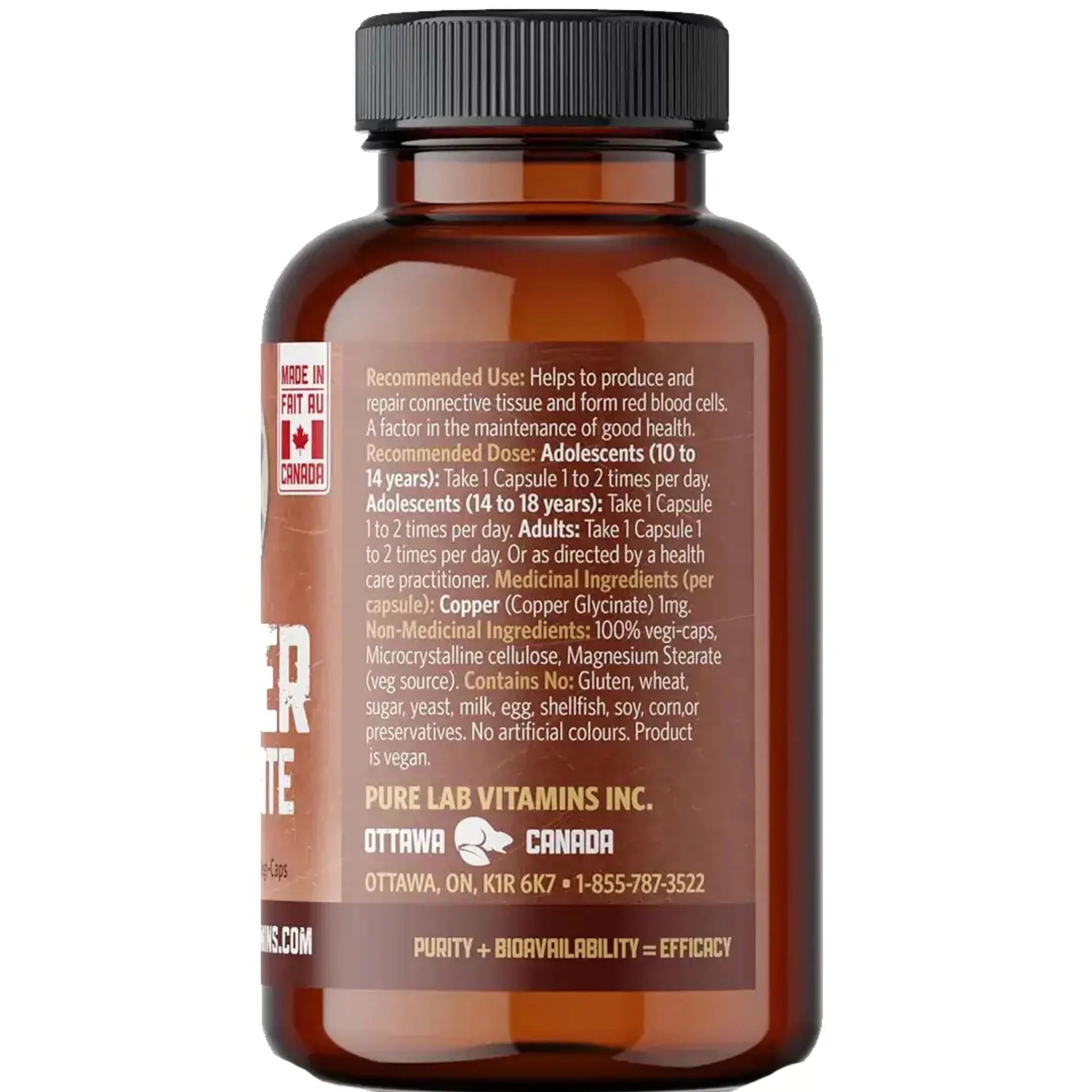 Pure Lab Vitamins Copper Glycinate 1mg 60 Vegan Capsules
