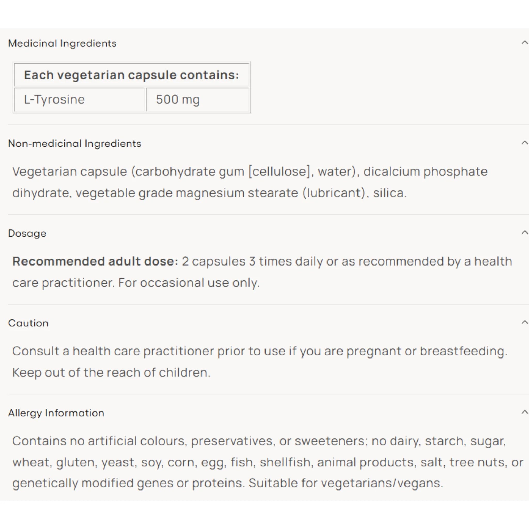 Natural Factors L-Tyrosine 500mg 60 Capsules